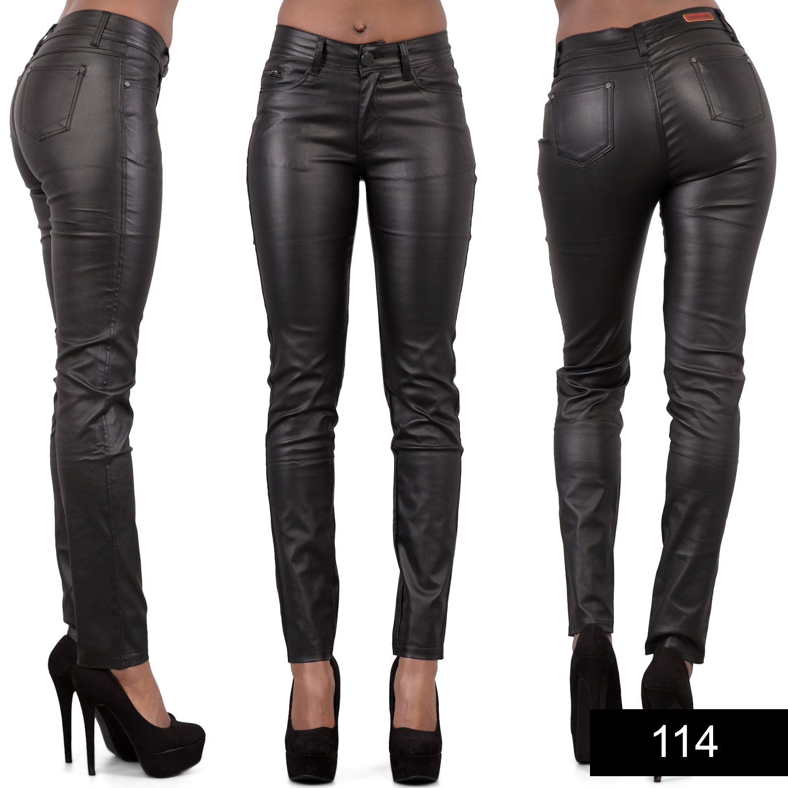 Ladies Celeb Style Black Wet Look Leather Biker Jeans Trousers Size 6 8 ...