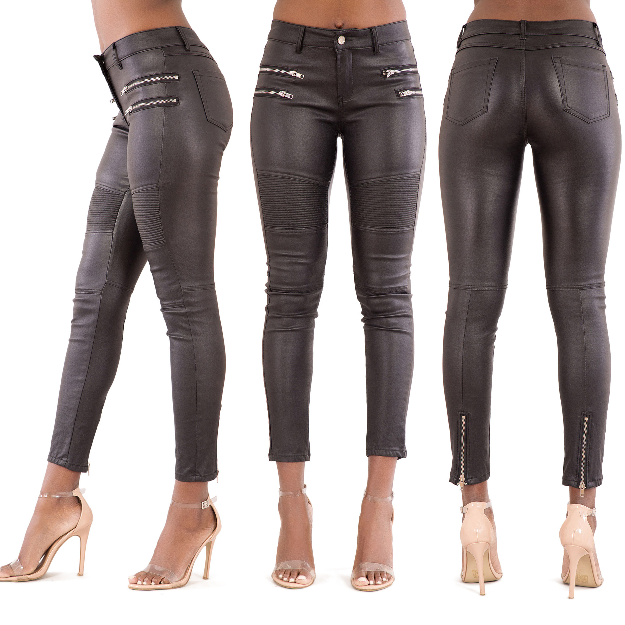 Ladies Celeb Style Black Wet Look Leather Biker Jeans Trousers Size 6 8 10 12 14 Ebay
