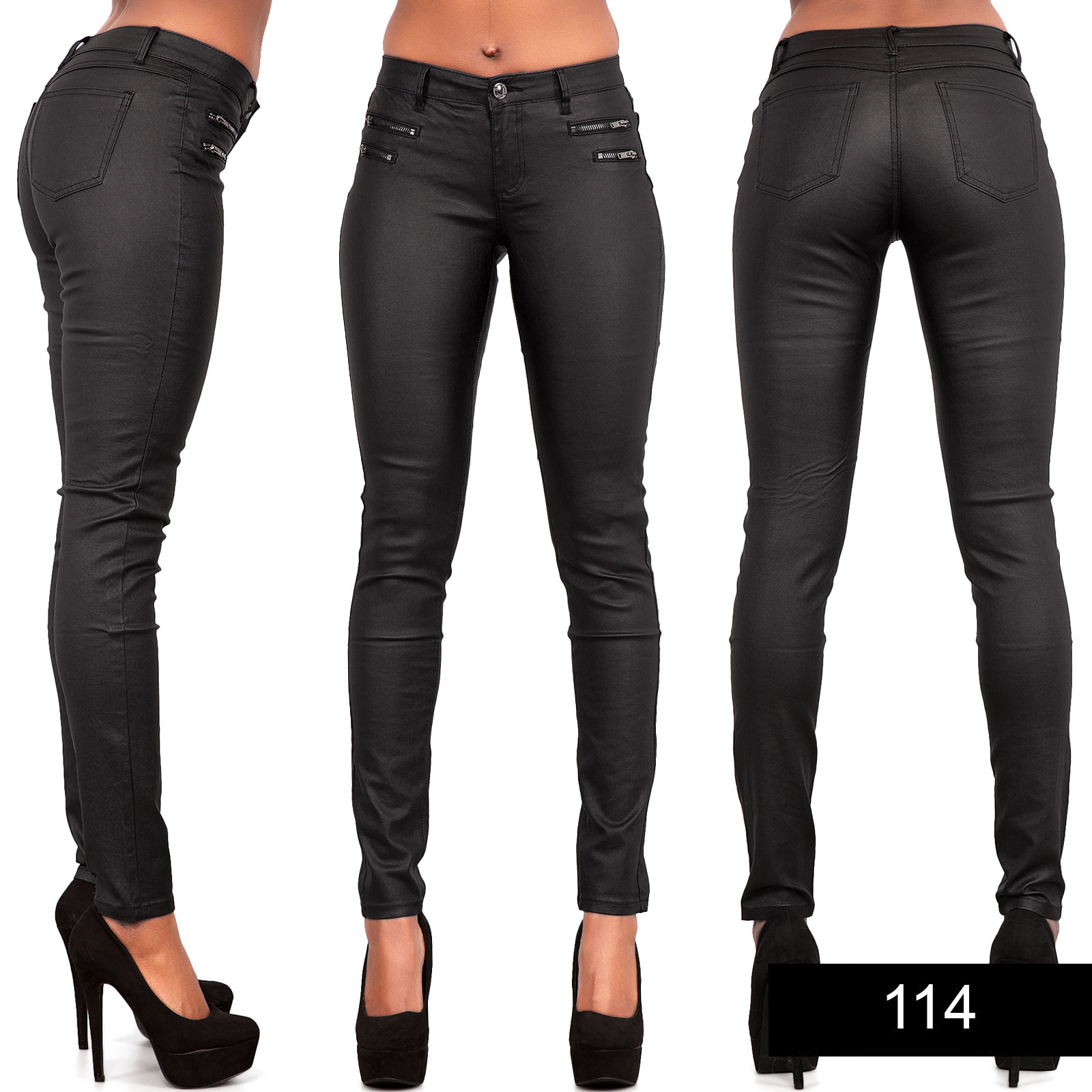 Ladies Celeb Style Black Wet Look Leather Biker Jeans Trousers Size 6 8 ...