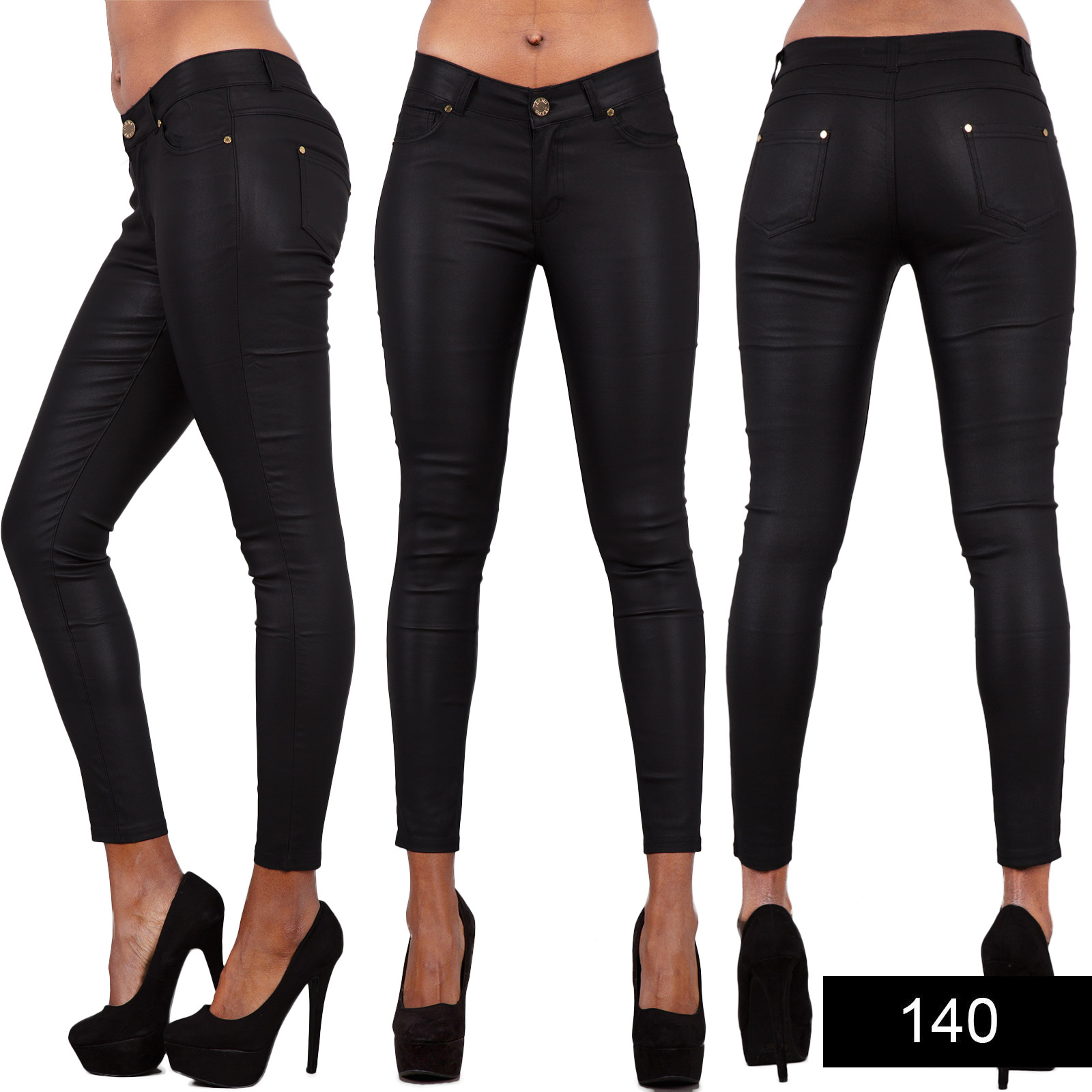 Ladies Celeb Style Black Wet Look Leather Biker Jeans Trousers Size 6 8 ...
