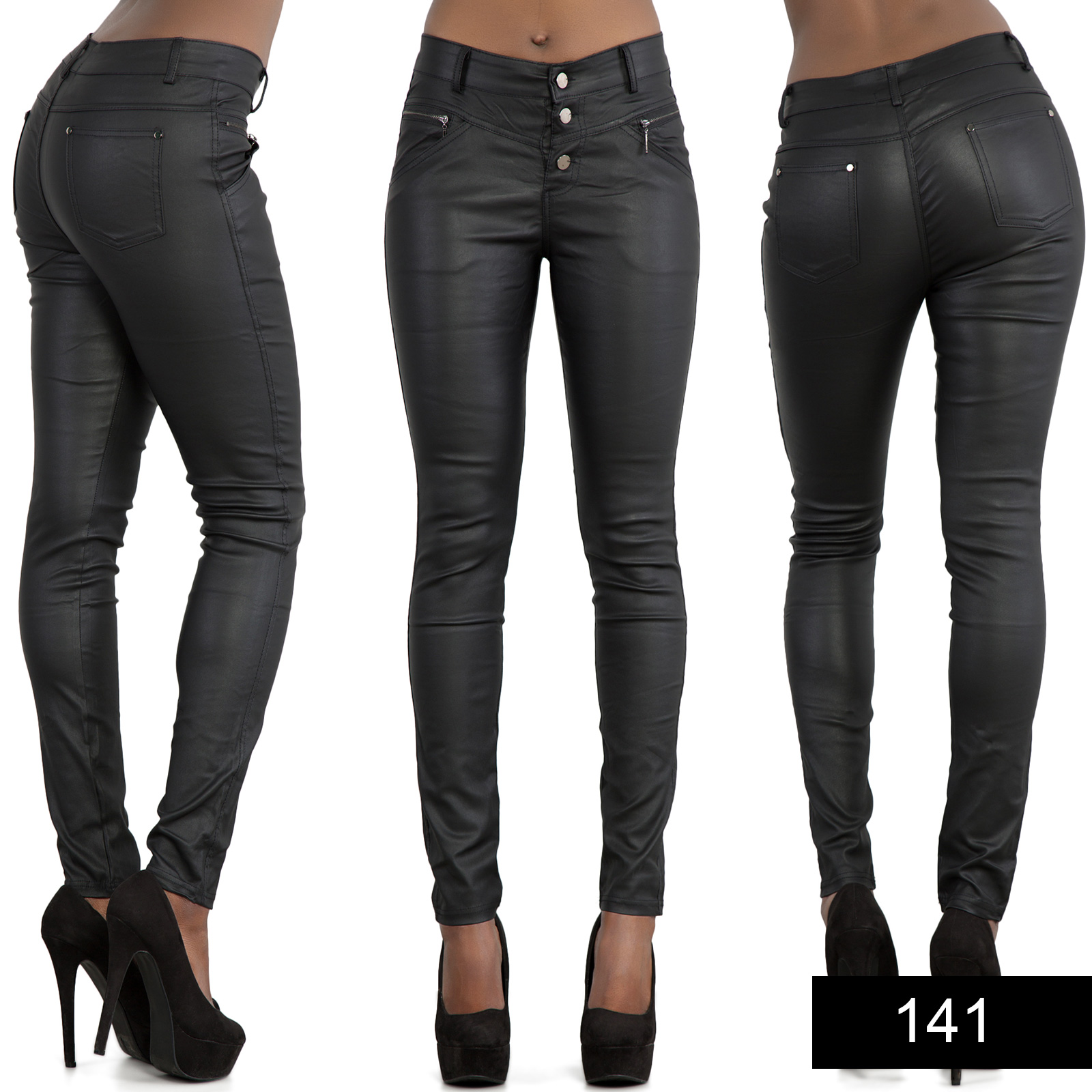 Ladies Celeb Style Black Wet Look Leather Biker Jeans Trousers Size 6 8 ...