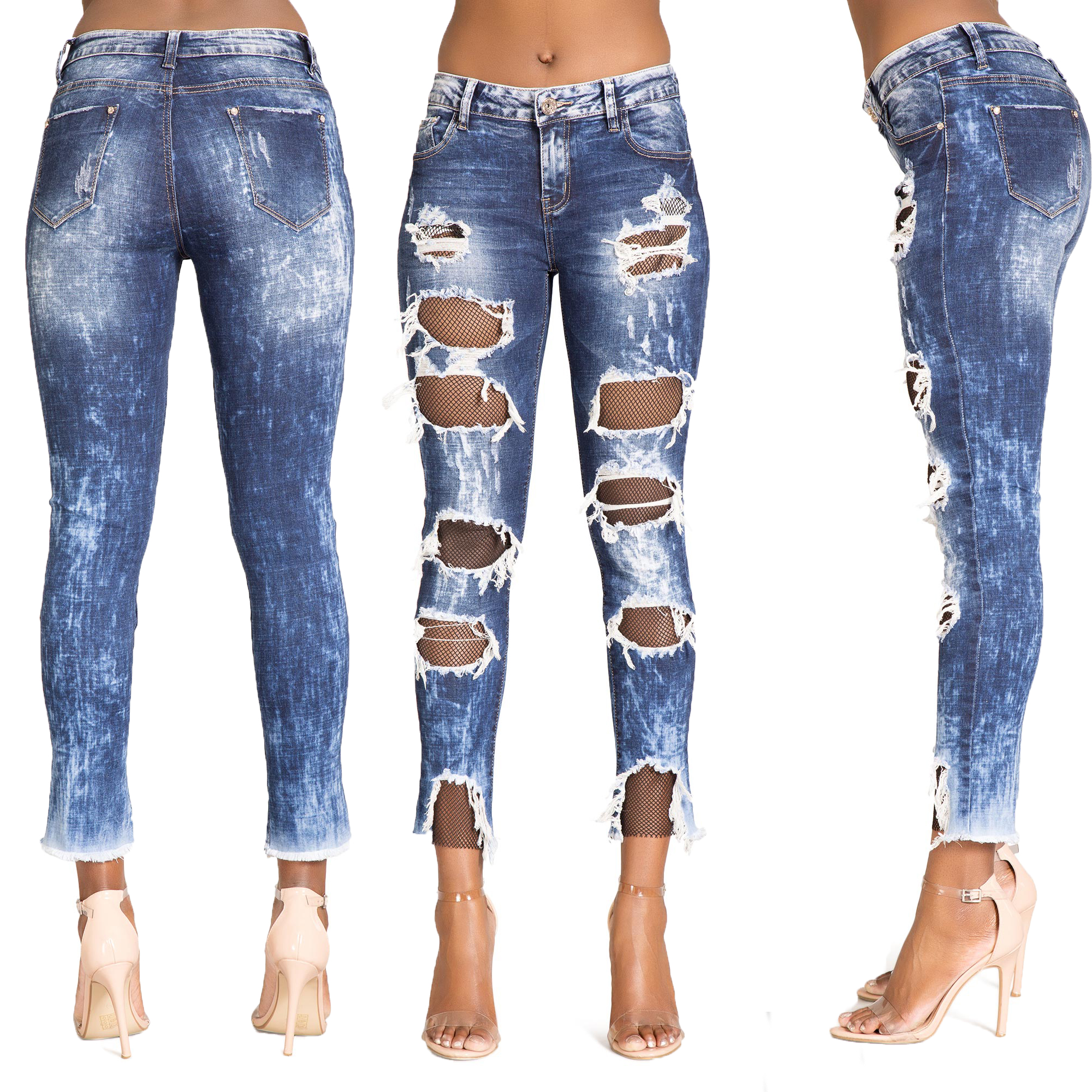 Womens Ripped Knee Skinny Jeans Faded Slim Fit Ladies Denim Size 6 8 10 ...