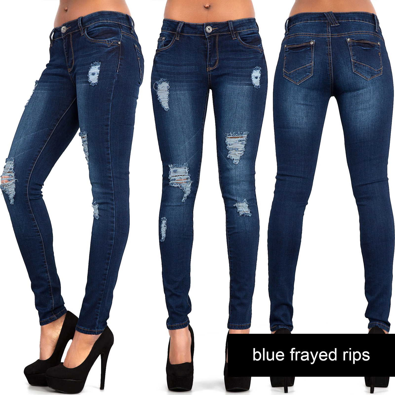 Womens Ripped Knee Skinny Jeans Faded Slim Fit Ladies Denim Size 6 8 10 ...