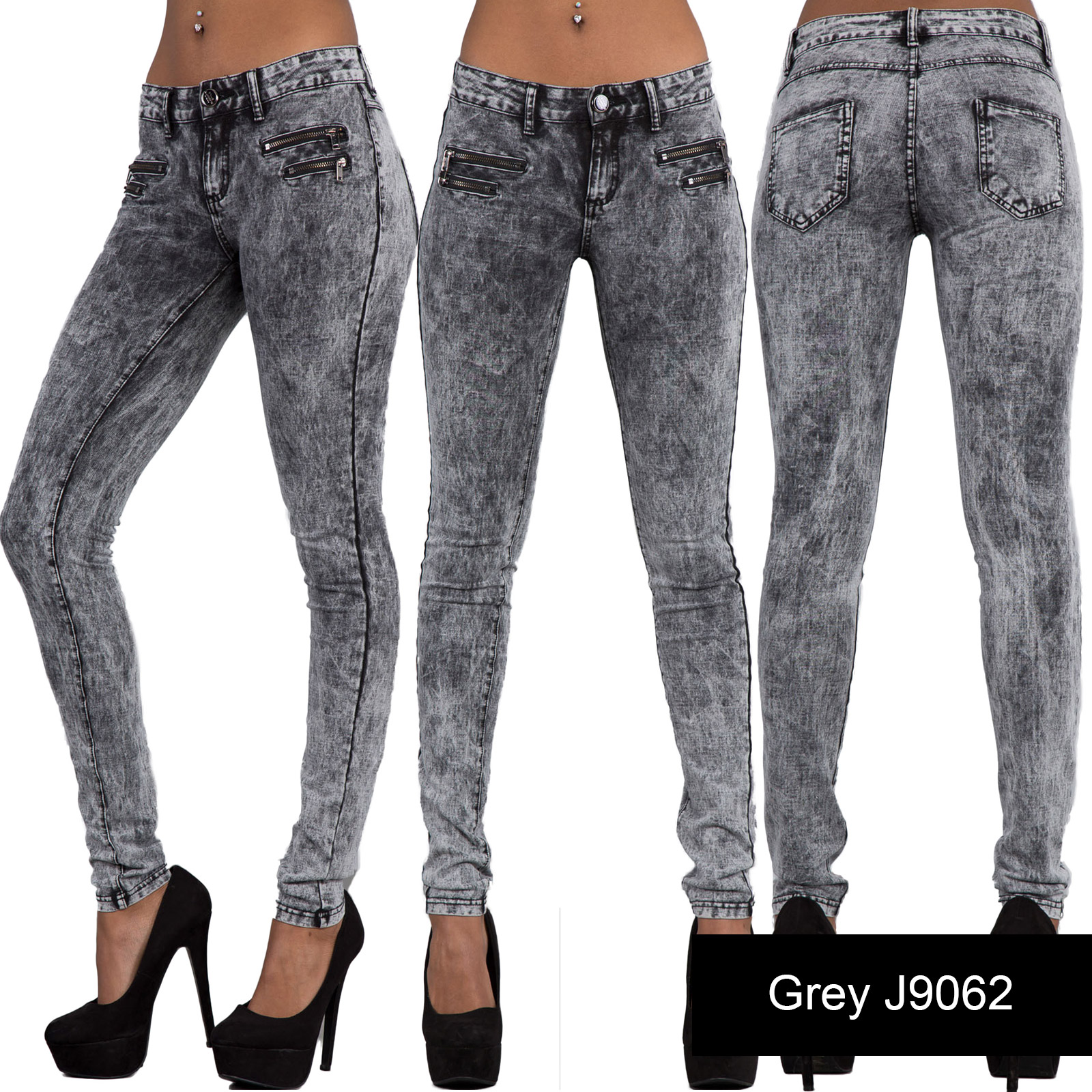 Ladies Women Acid Wash Blue Grey Skinny Jeans Stretch Trouser Size 6 8 ...