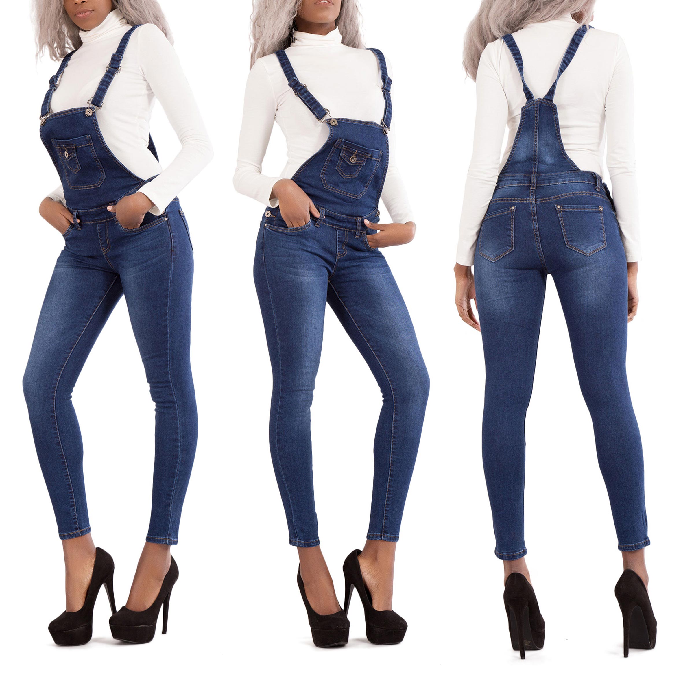 Womens Denim Jeans Full Length Dungaree Overall Ladies Leather Jumpsuit ...