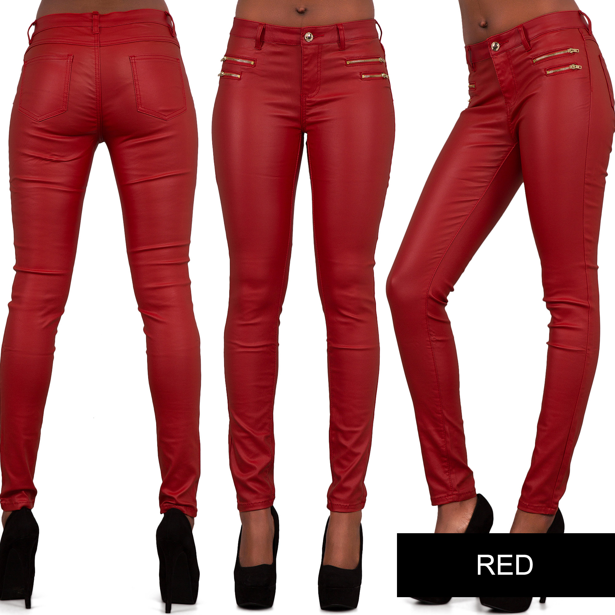 red wet look jeans