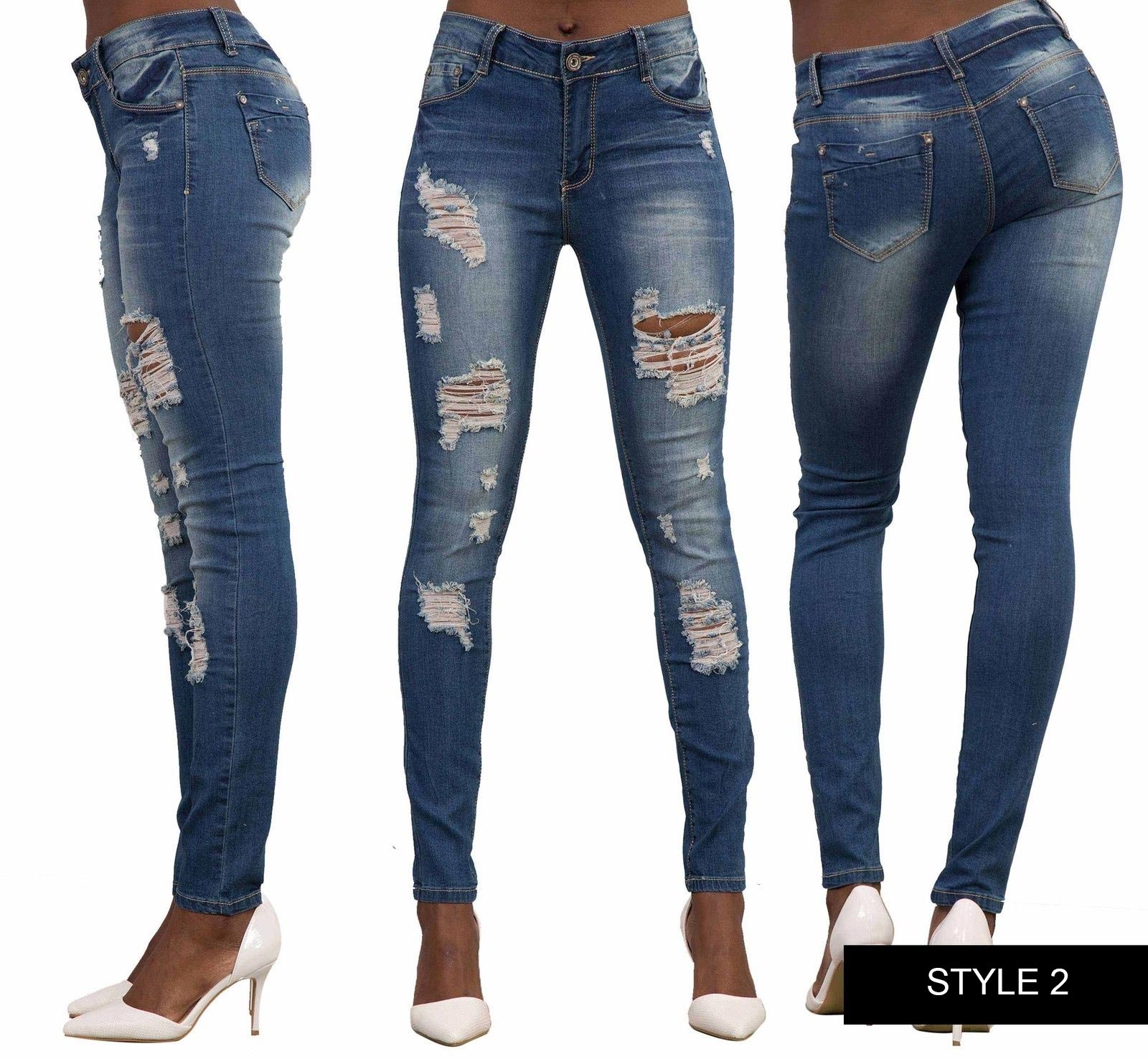 WOMEN LADIES BLUE WHITE RIPPED SKINNY STRETCH JEANS LEGGINGS SIZE 6 8 ...