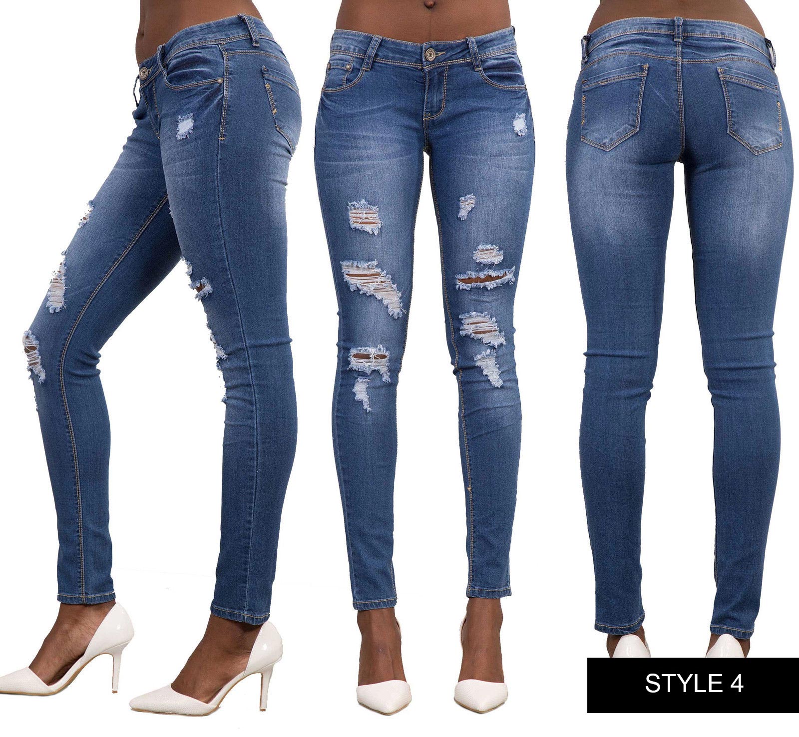 WOMEN LADIES BLUE WHITE RIPPED SKINNY STRETCH JEANS LEGGINGS SIZE 6 8 ...