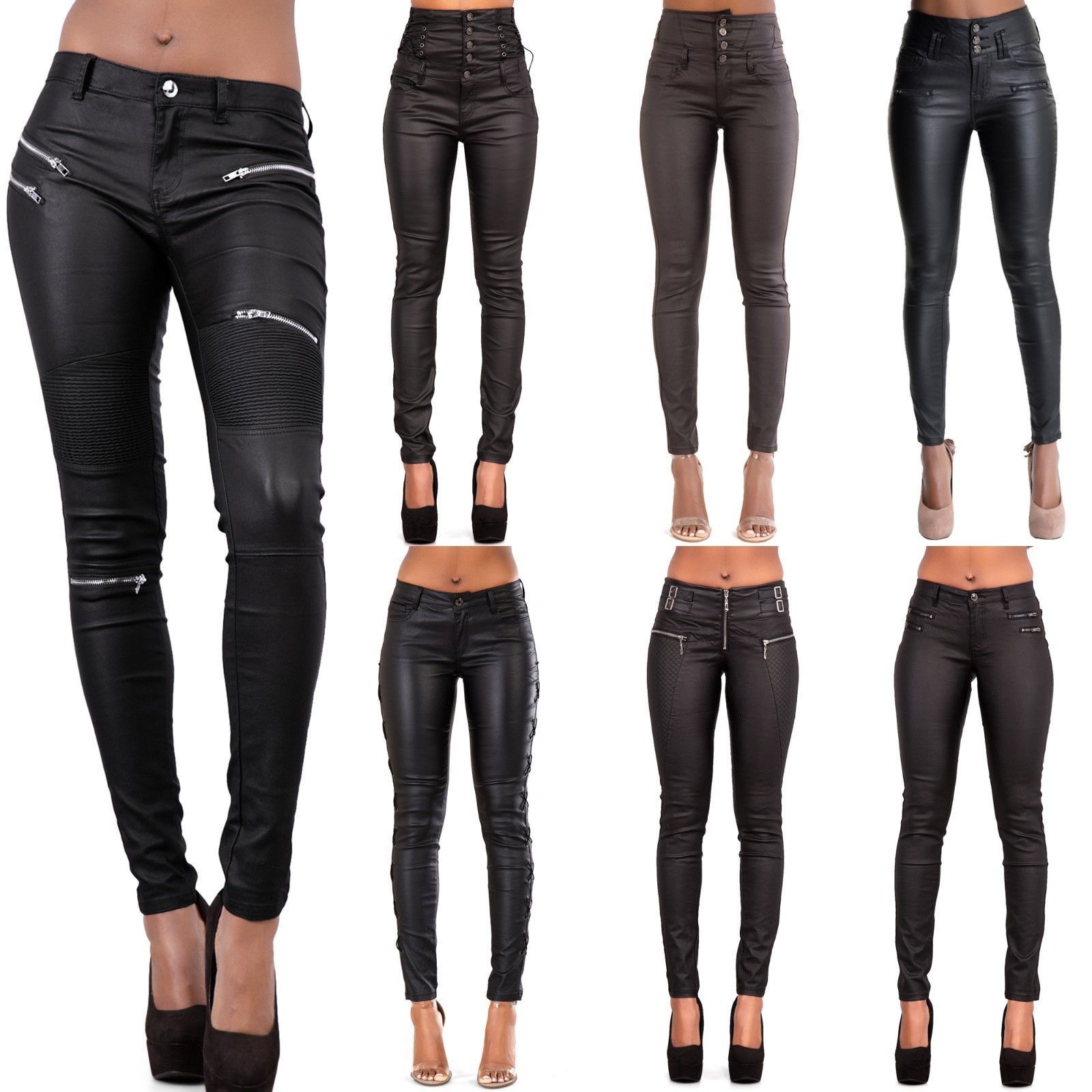 womens black leather look trousers