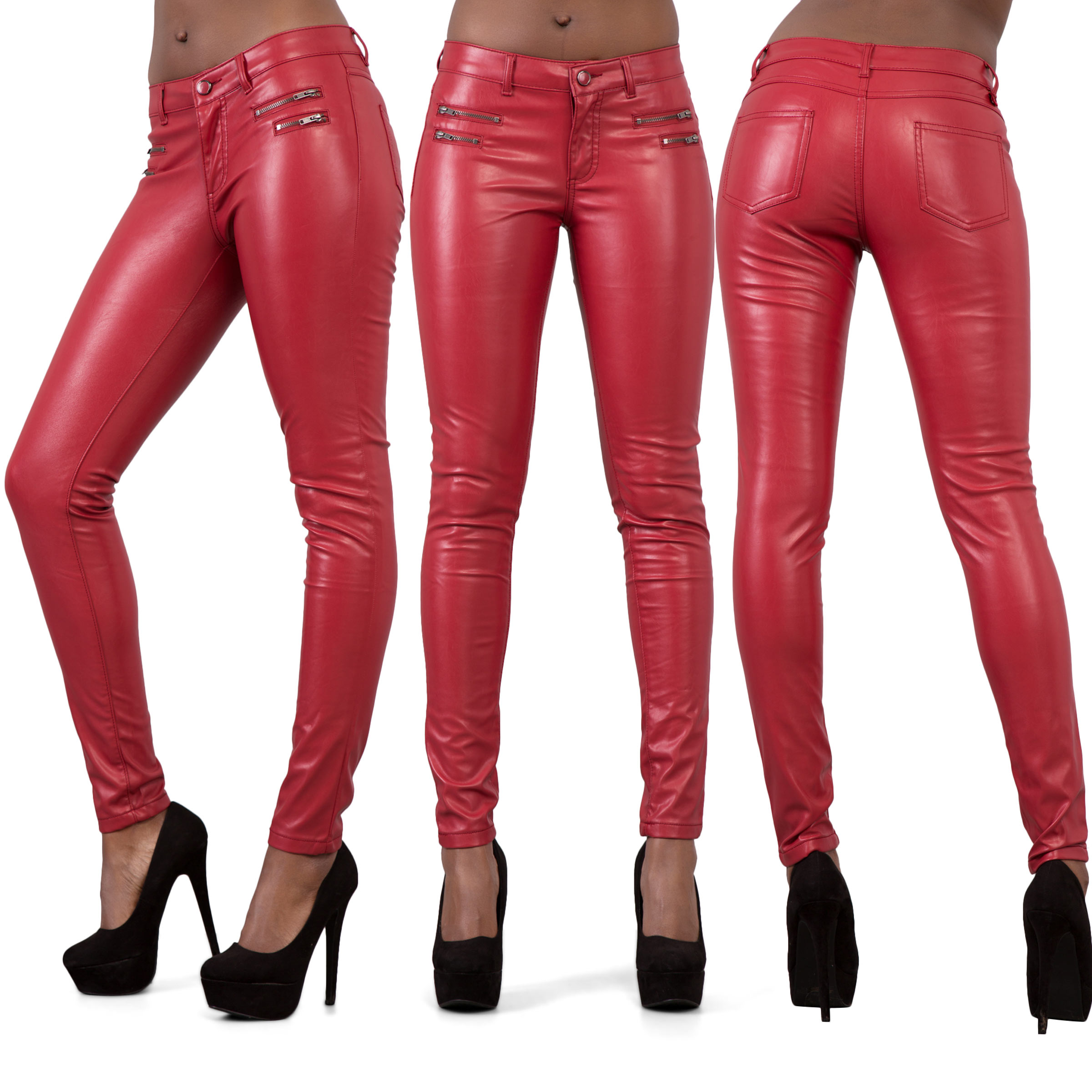 red wet look jeans