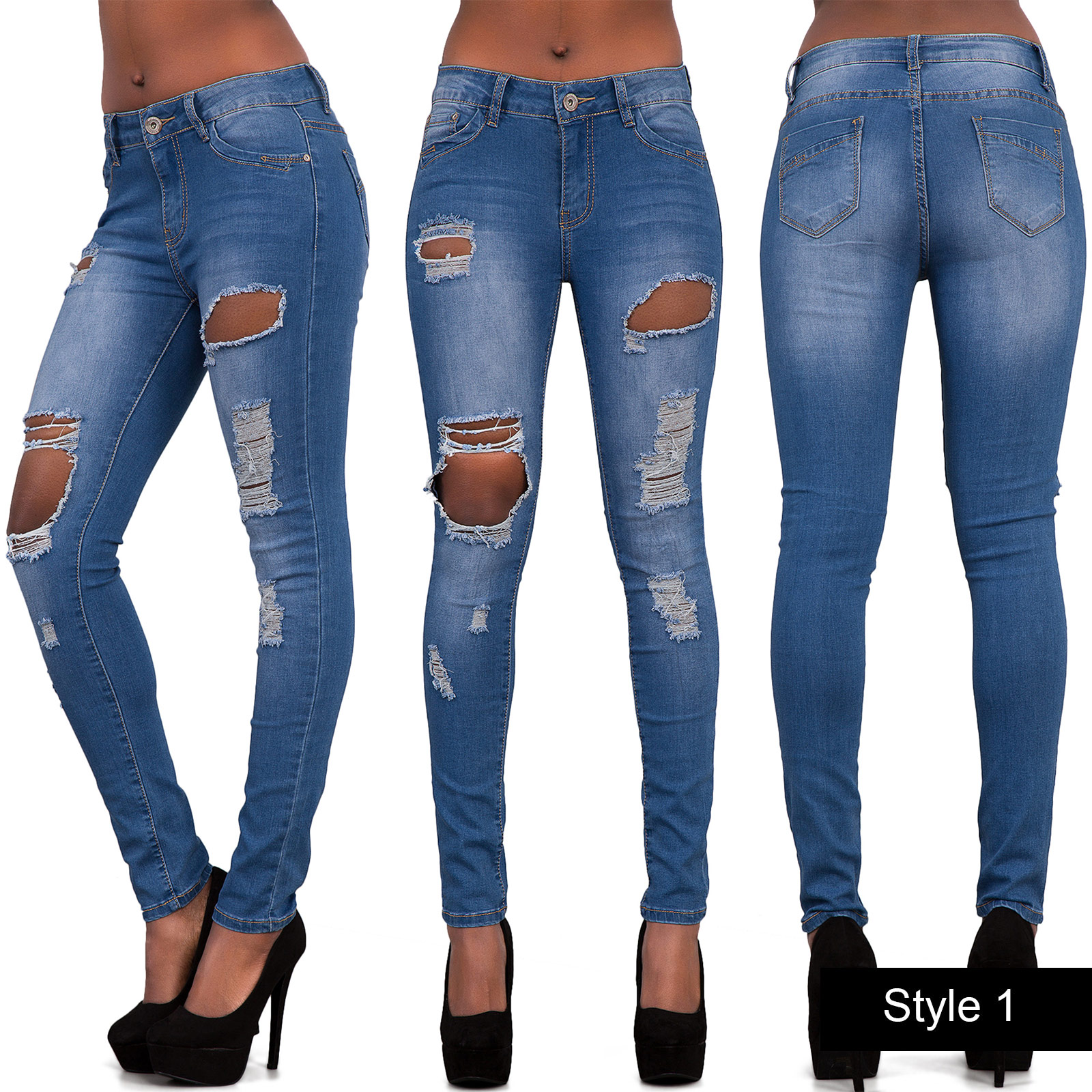 Women Ladies Sexy Stretch Faded Ripped Skinny Fit Denim Jeans Size 6 8 ...