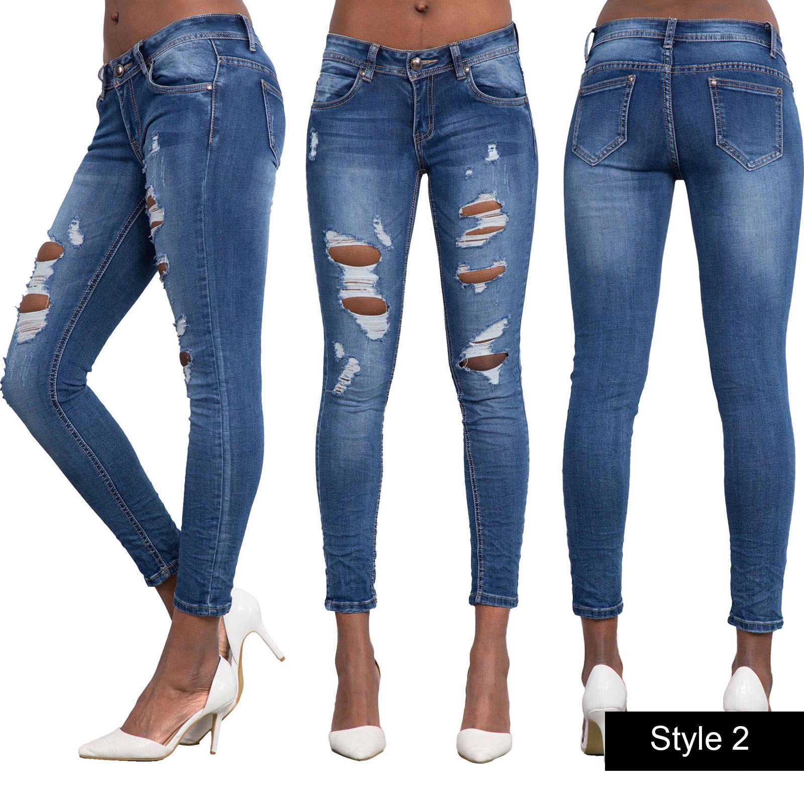Women Ladies Sexy Stretch Faded Ripped Skinny Fit Denim Jeans Size 6 8 ...