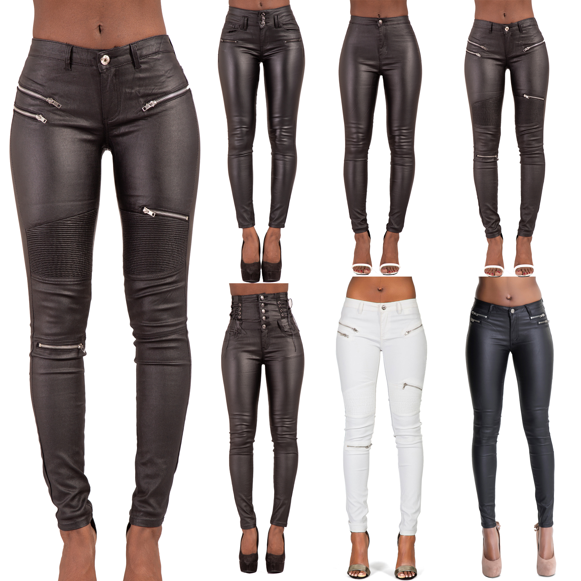 womens black leather look trousers