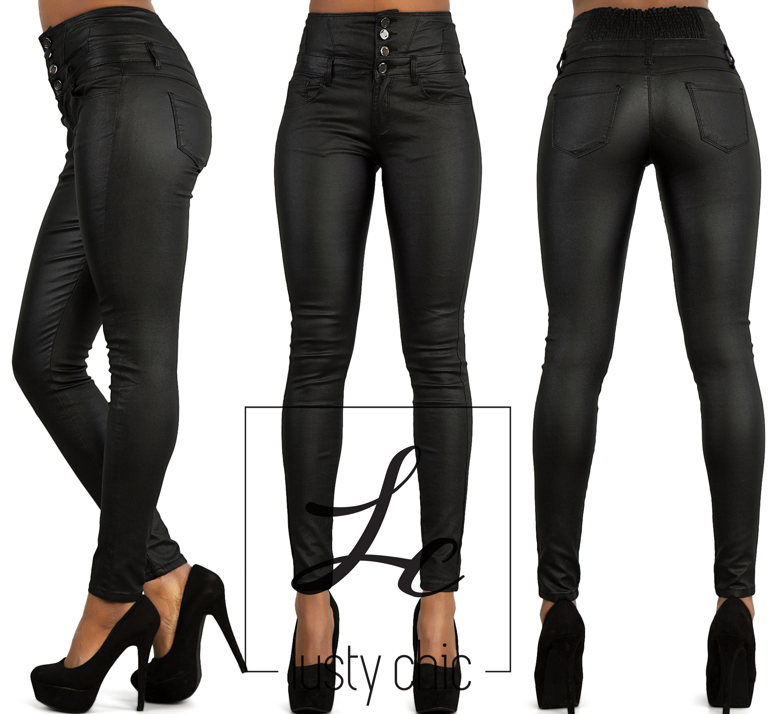 WOMENS HIGH WAISTED BLACK LEATHER LOOK JEANS SLIM FIT TROUSERS SIZE 6 8 ...
