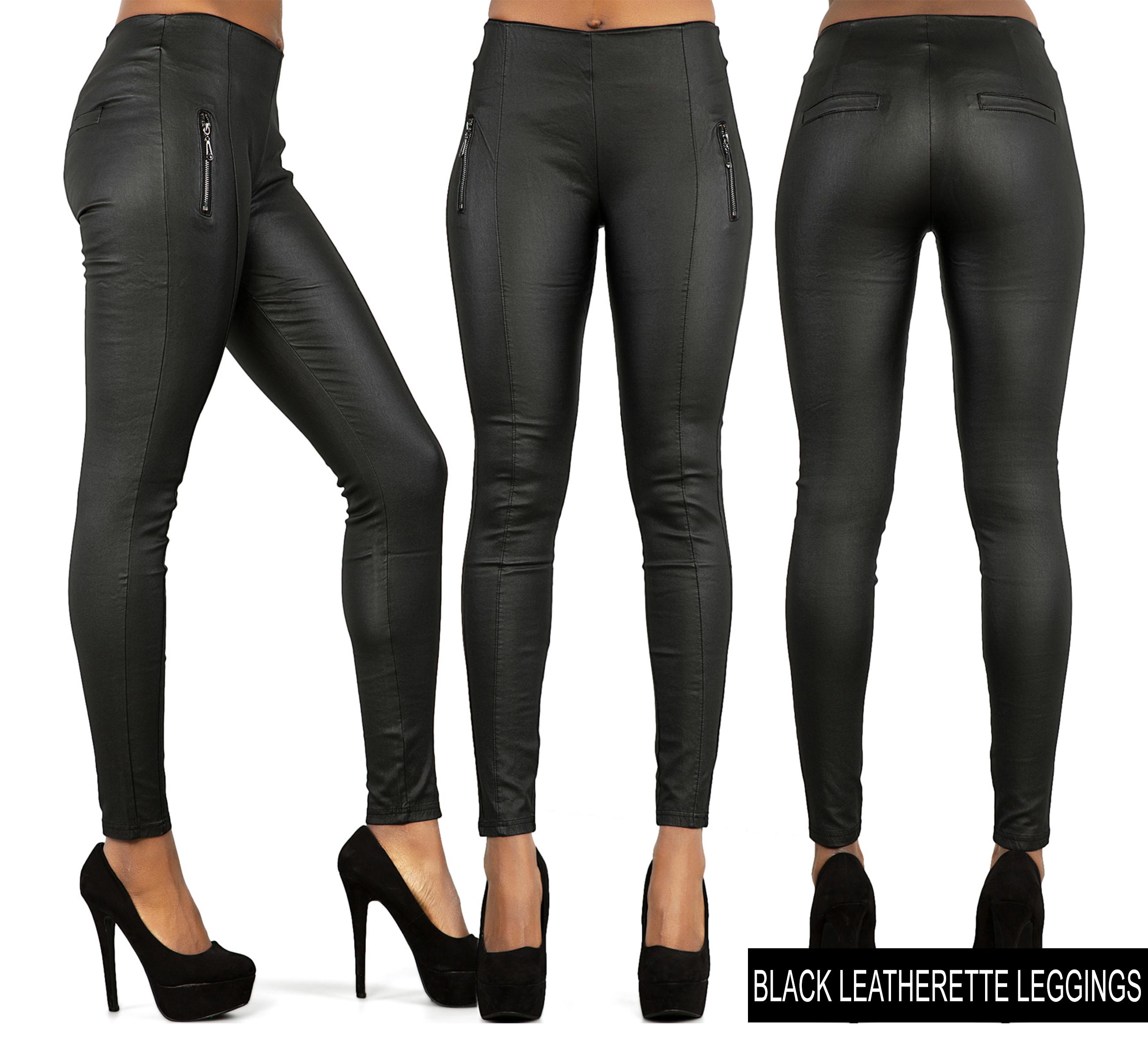 New Womens Leather Look Jeans Sexy Trousers Ladies Black Slim Fit Size