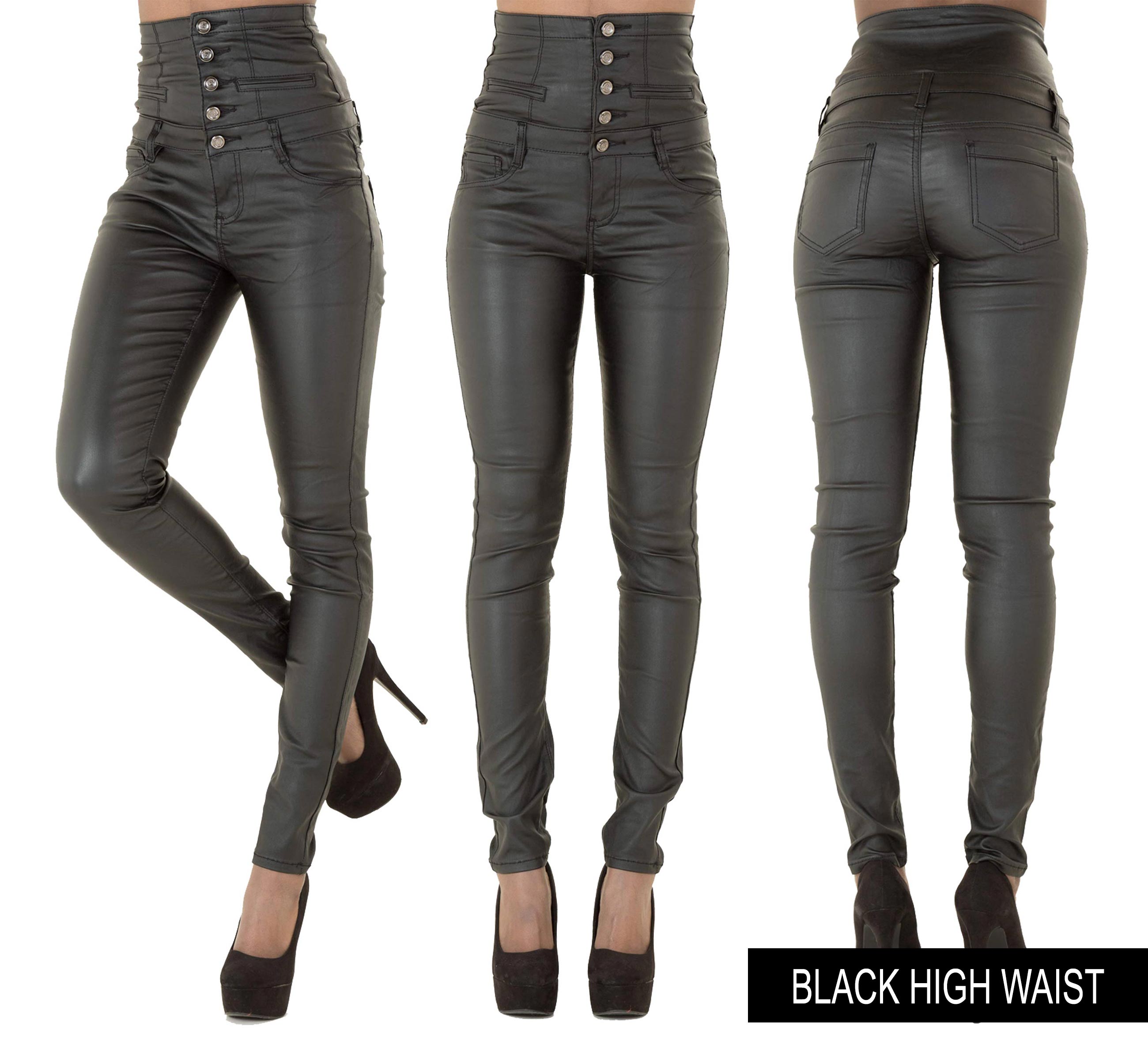 NEW WOMENS LEATHER LOOK JEANS SEXY TROUSERS LADIES BLACK SLIM FIT SIZE ...