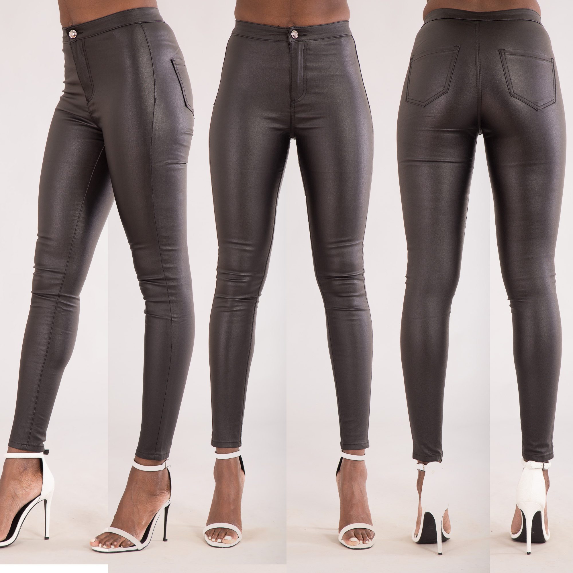 NEW WOMENS LEATHER LOOK JEANS SEXY TROUSERS LADIES BLACK SLIM FIT SIZE ...