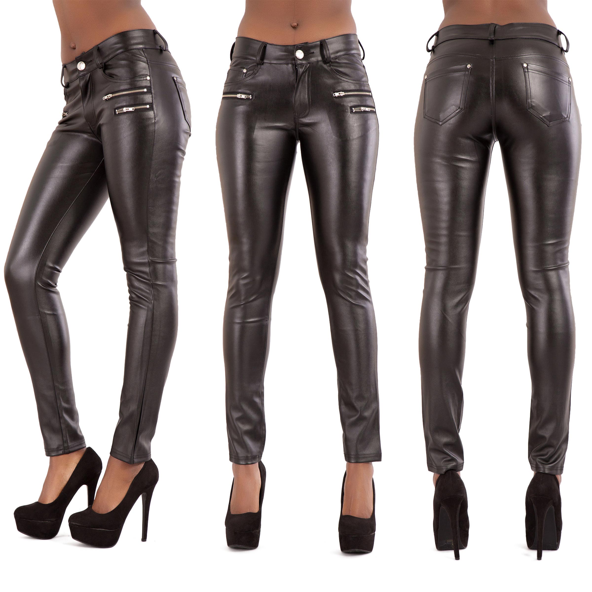 New Womens Leather Look Jeans Sexy Trousers Ladies Black Slim Fit Size 6 22 Ebay