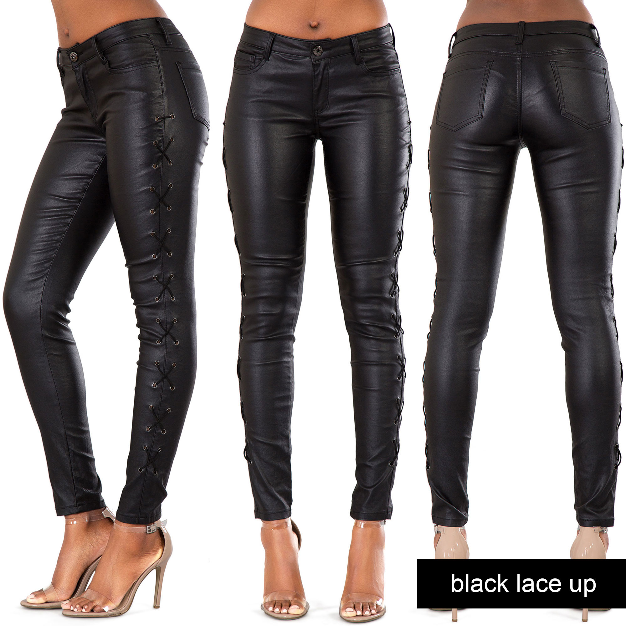 NEW WOMENS LEATHER LOOK JEANS SEXY TROUSERS LADIES BLACK SLIM FIT SIZE ...