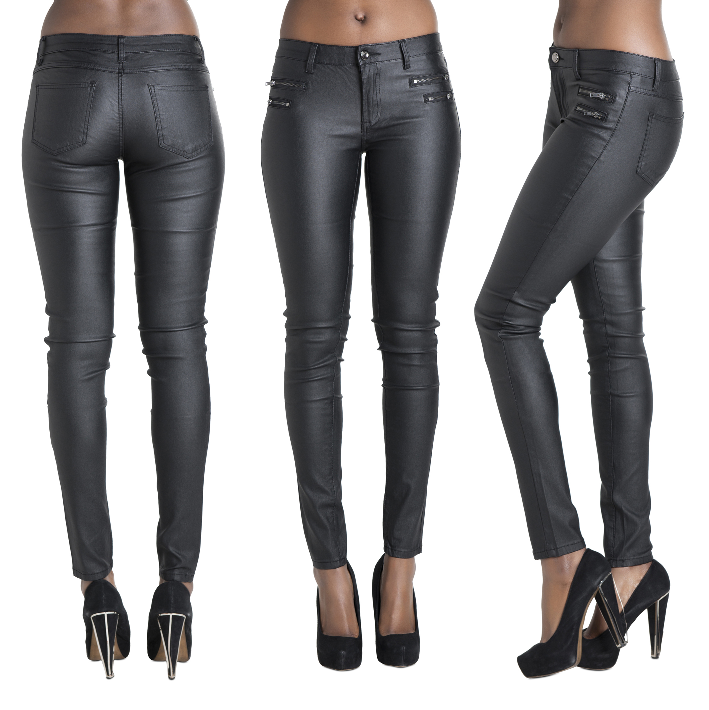 NEW WOMENS LEATHER LOOK JEANS SEXY TROUSERS LADIES BLACK SLIM FIT SIZE ...