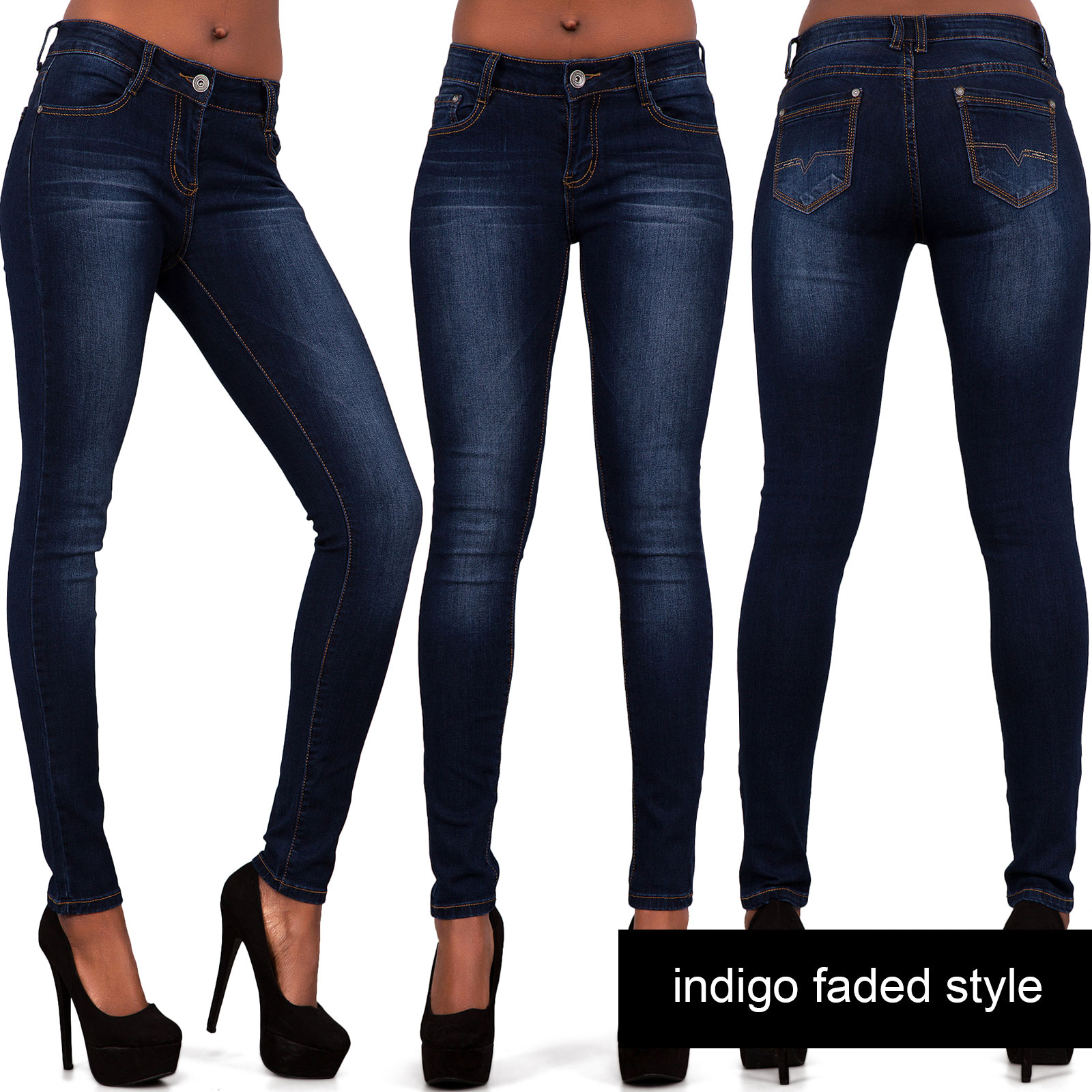 Womens Ladies High Waisted Blue Skinny Fit Jeans Stretch Denim Jegging ...