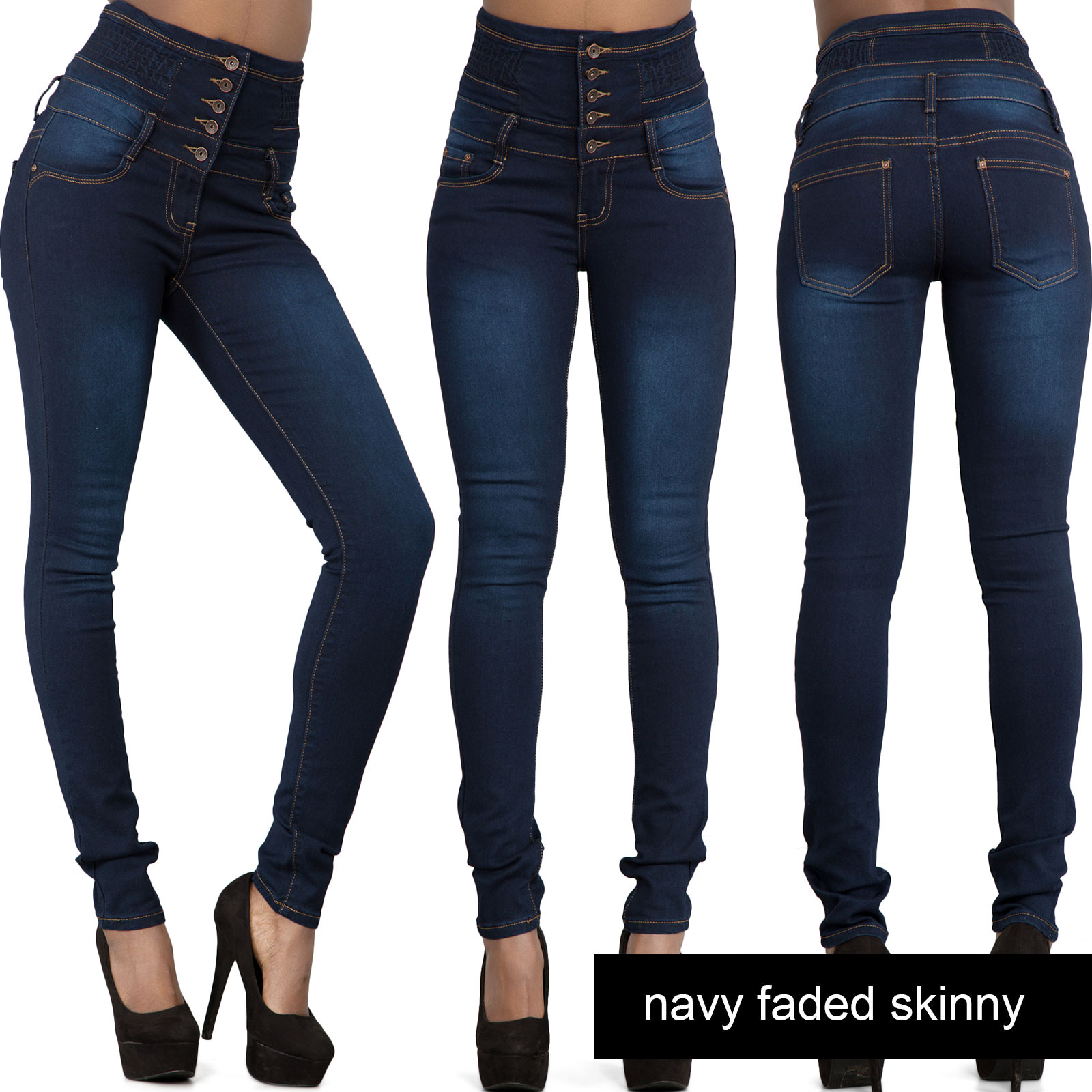 Womens Ladies High Waisted Blue Skinny Fit Jeans Stretch Denim Jegging ...