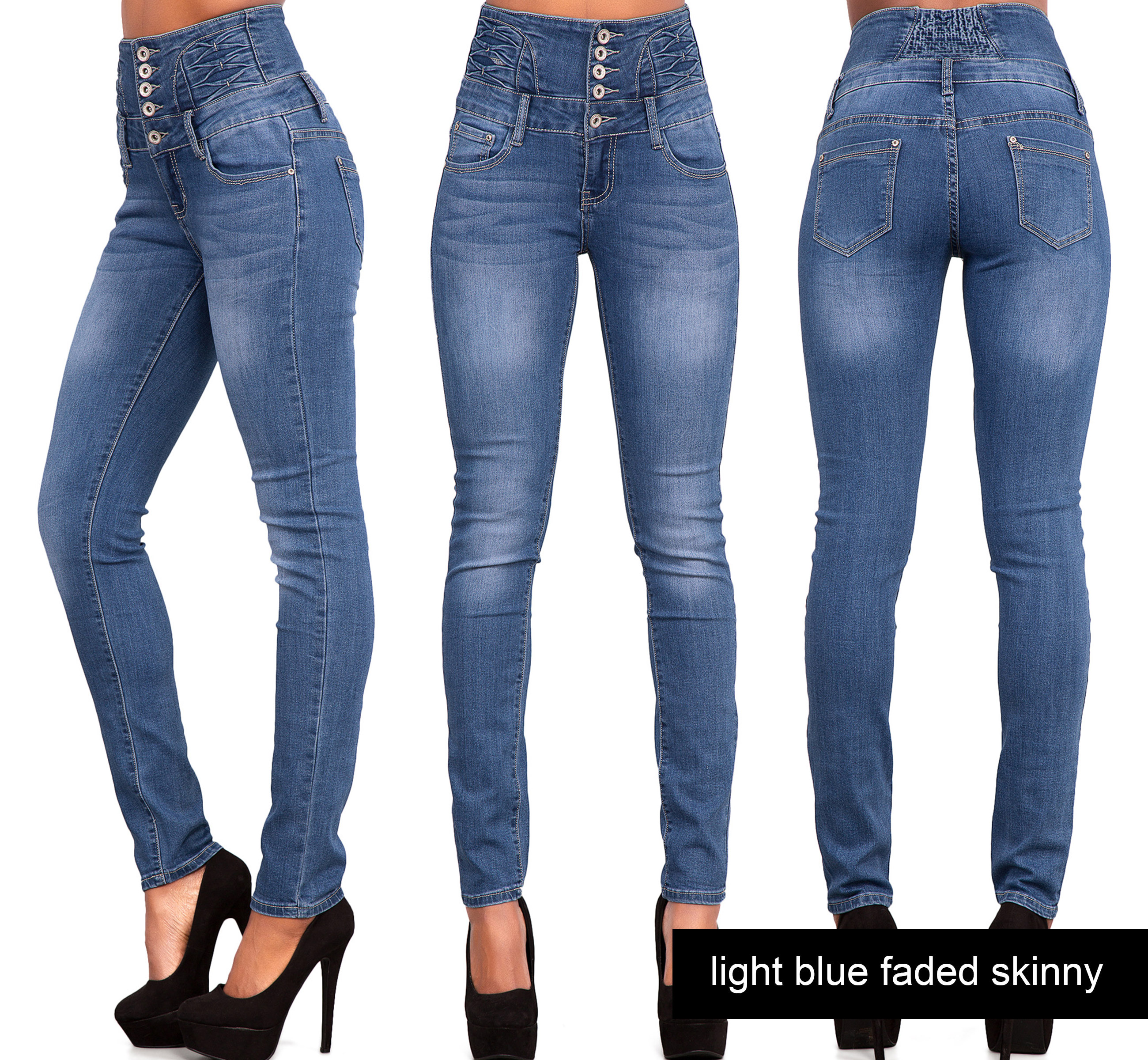 Womens Ladies High Waisted Blue Skinny Fit Jeans Stretch Denim Jegging ...