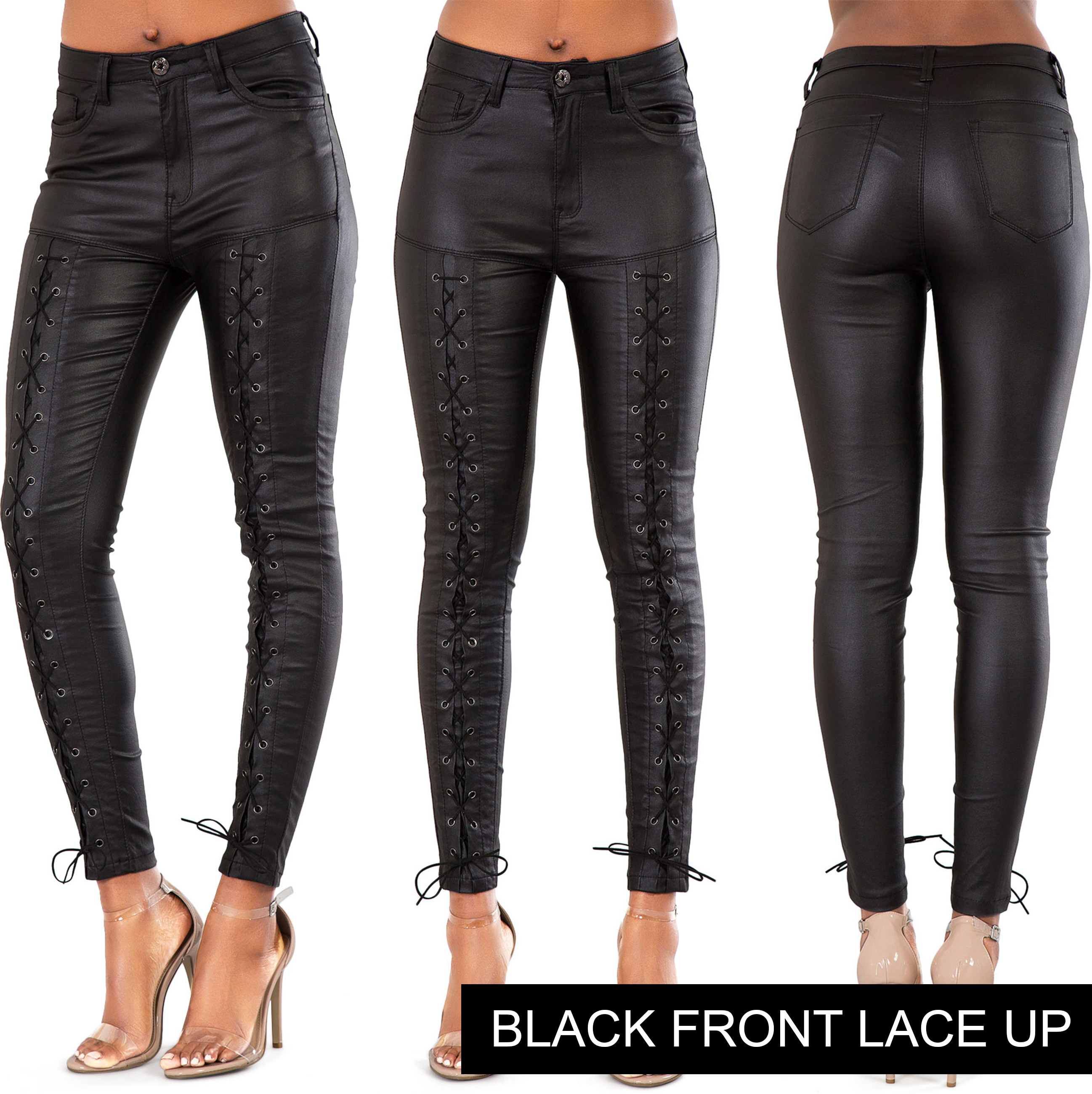 Women Black High Waist Leather Style Lace up Skinny Trousers Size 8 10 ...