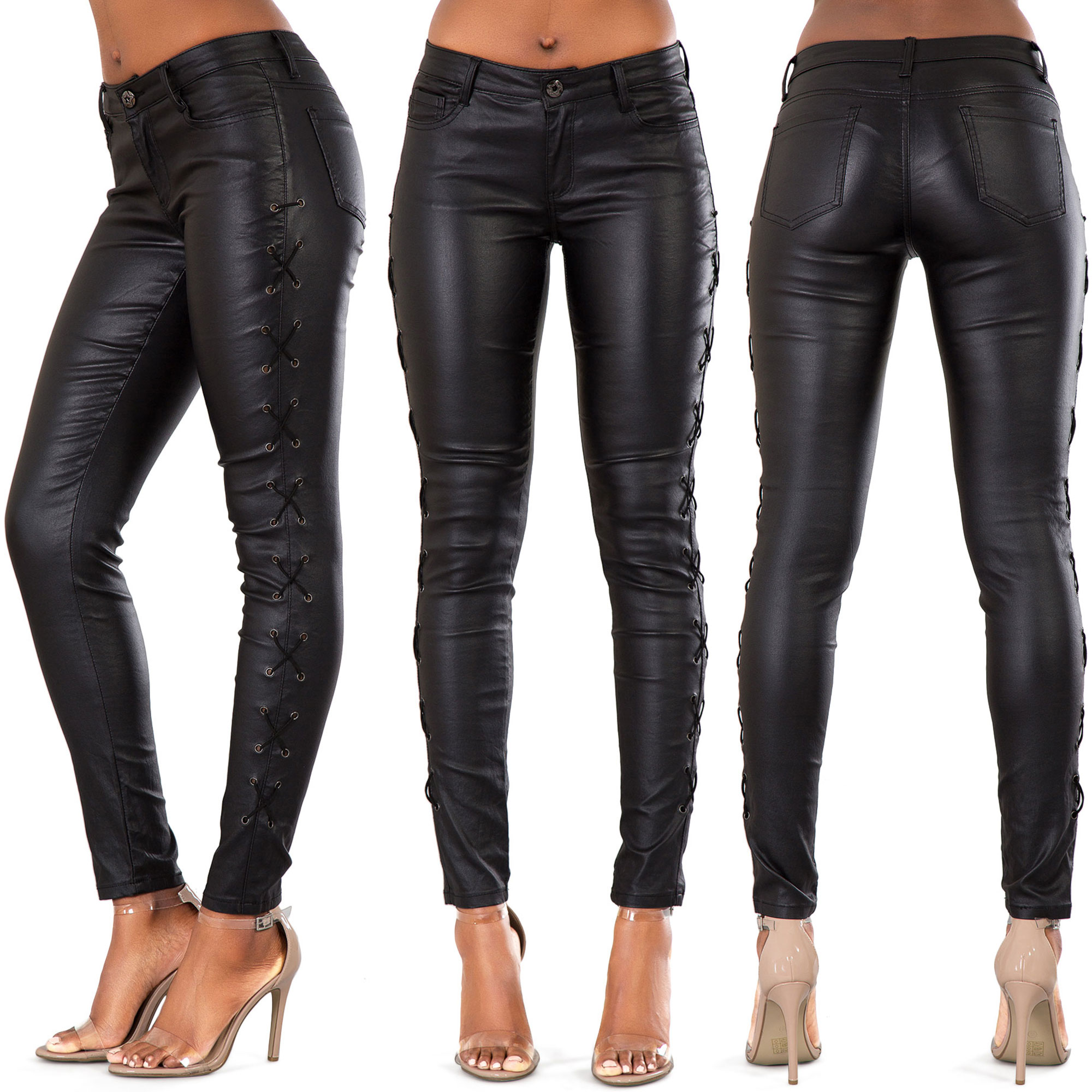 Women Black High Waist Leather Style Lace up Skinny Trousers Size 8 10 ...