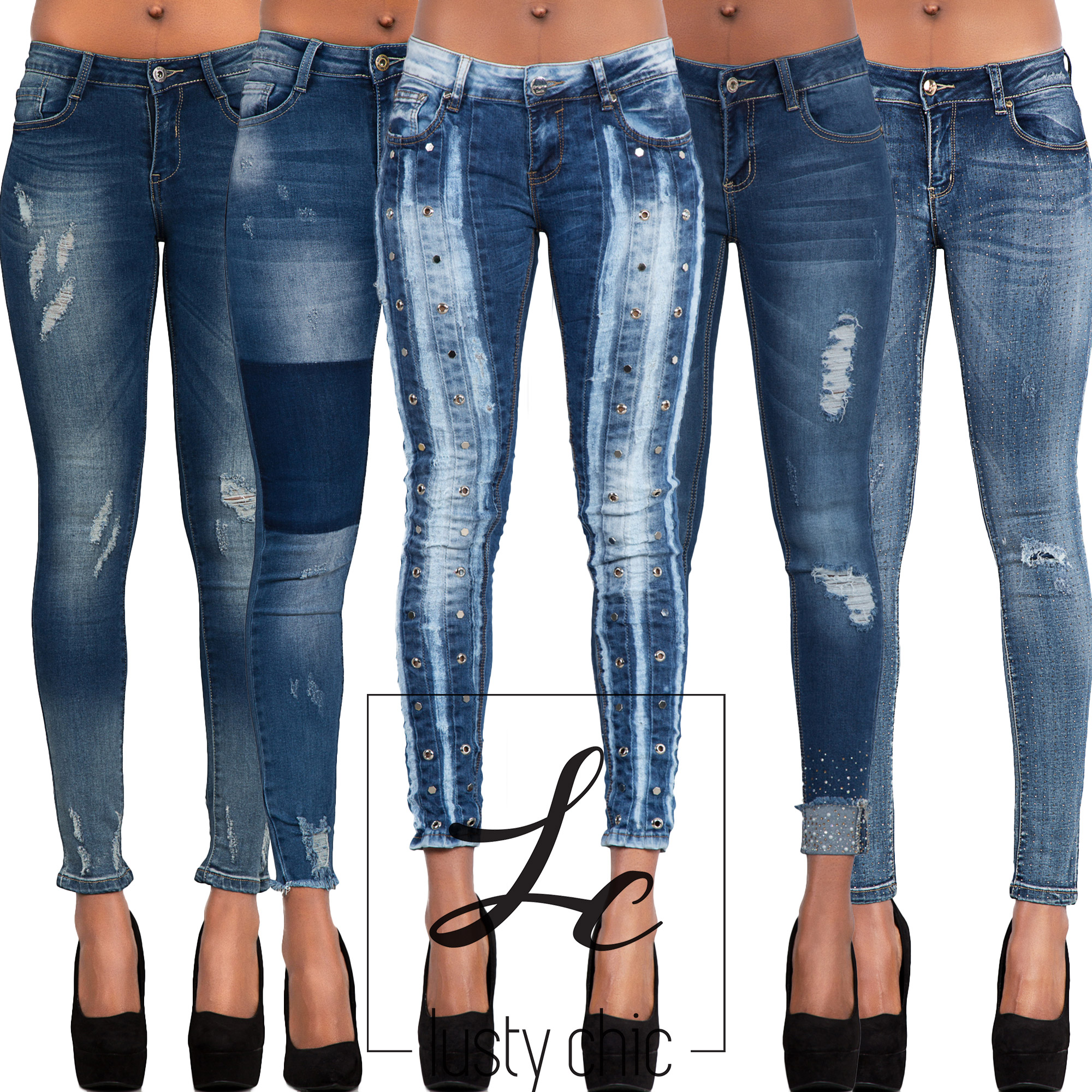 Womens Low Rise Sexy Lace Ripped Blue Denim Stretch Skinny Fit Jeans ...