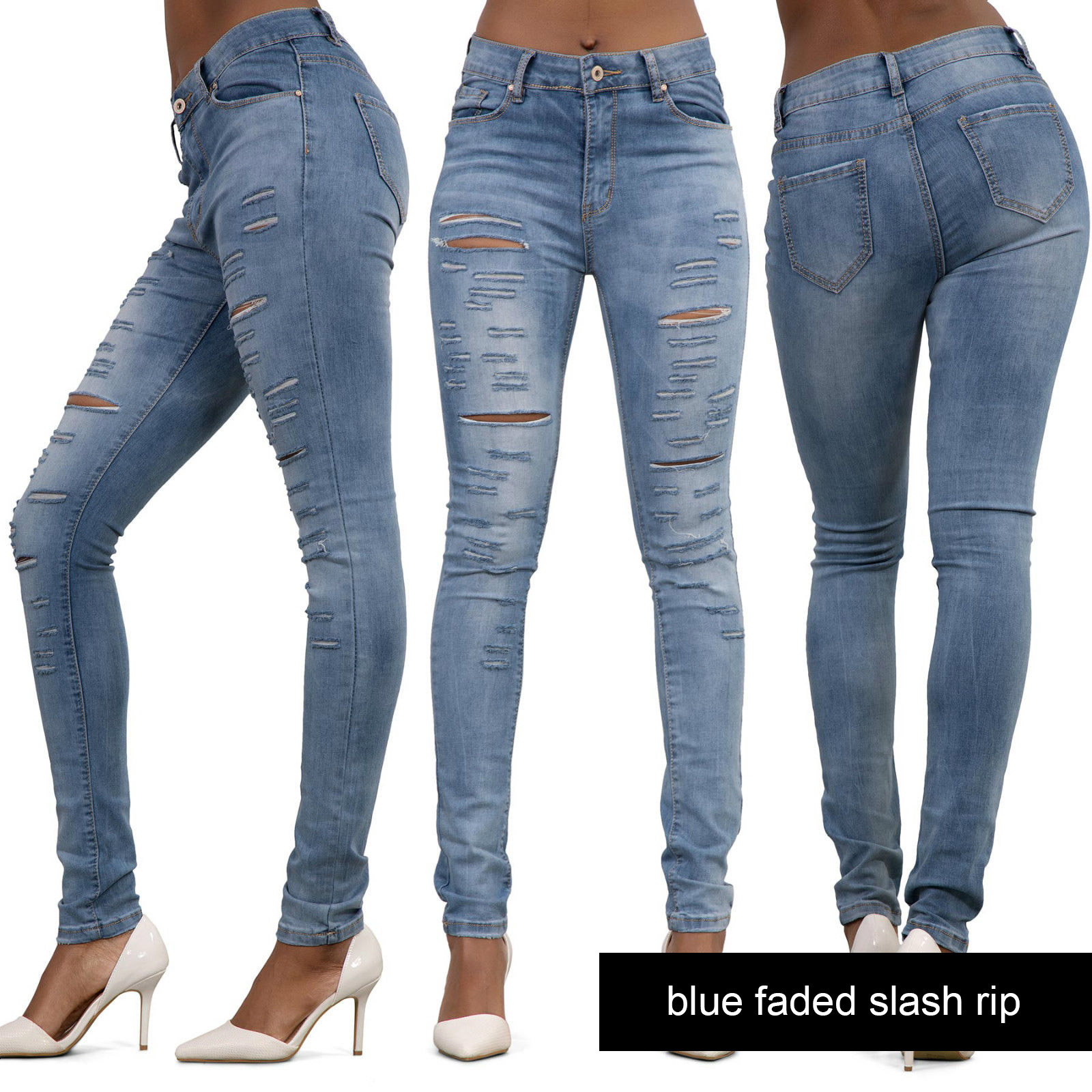 NEW Ladies Faded Ripped Knee Skinny Jeans Womens Sexy Slim Fit Denim ...