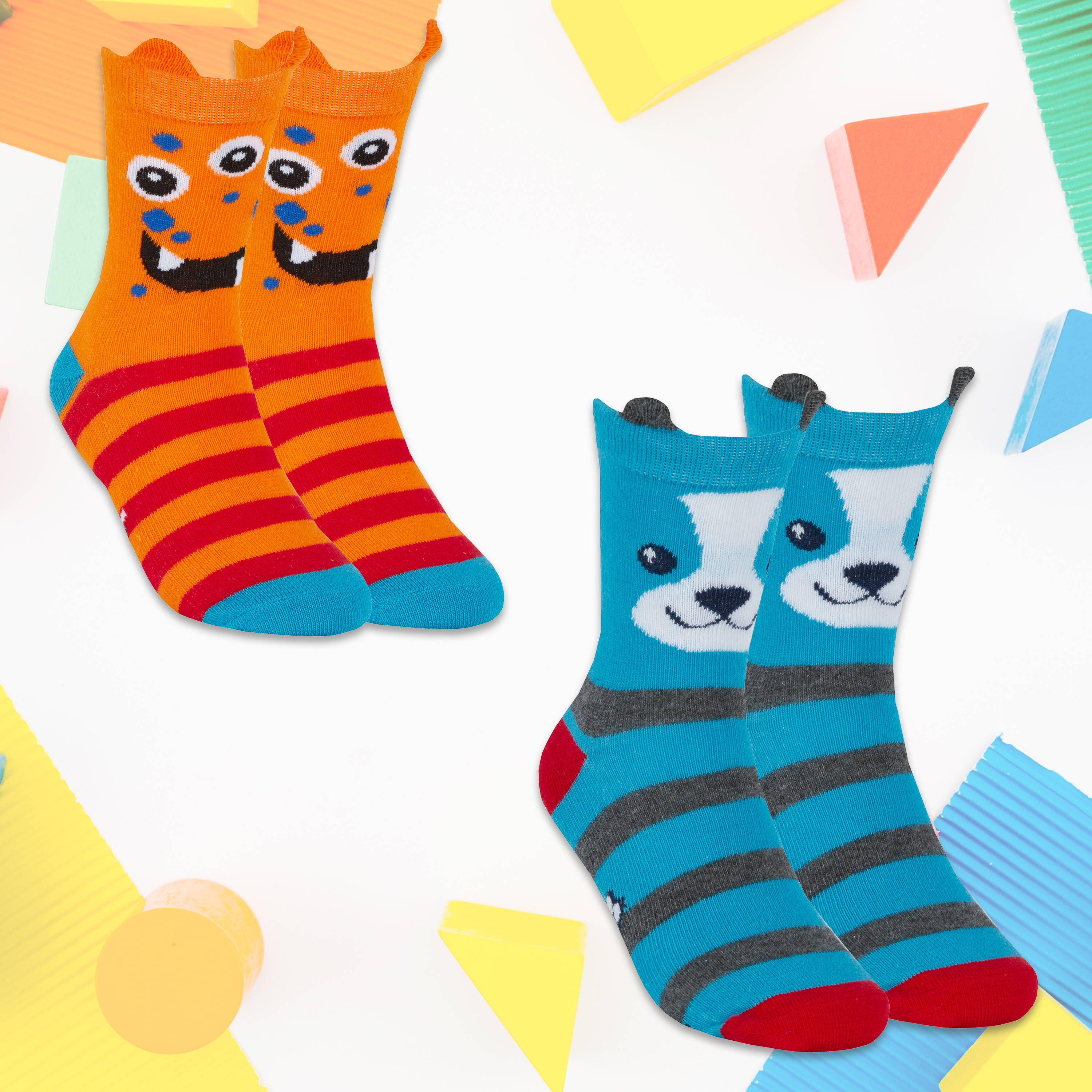 2 Pairs Boys Childrens Funny Socks with Ears Cute Dog Monsters Colorful Striped - Picture 7 of 8