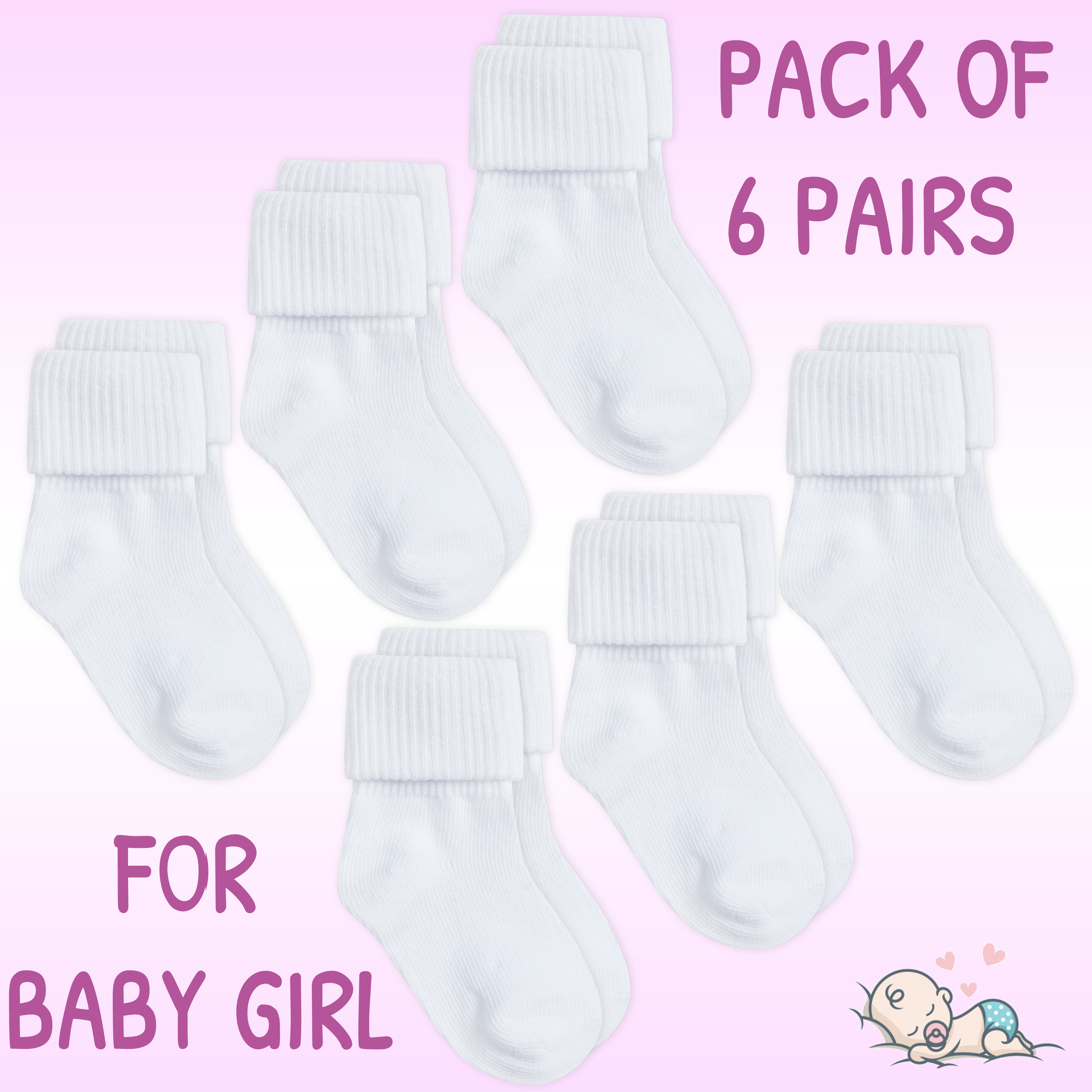 Soft Touch New Baby Socks Cotton Rich Turnover Plain White 3-6 6-12 12-24 Months 