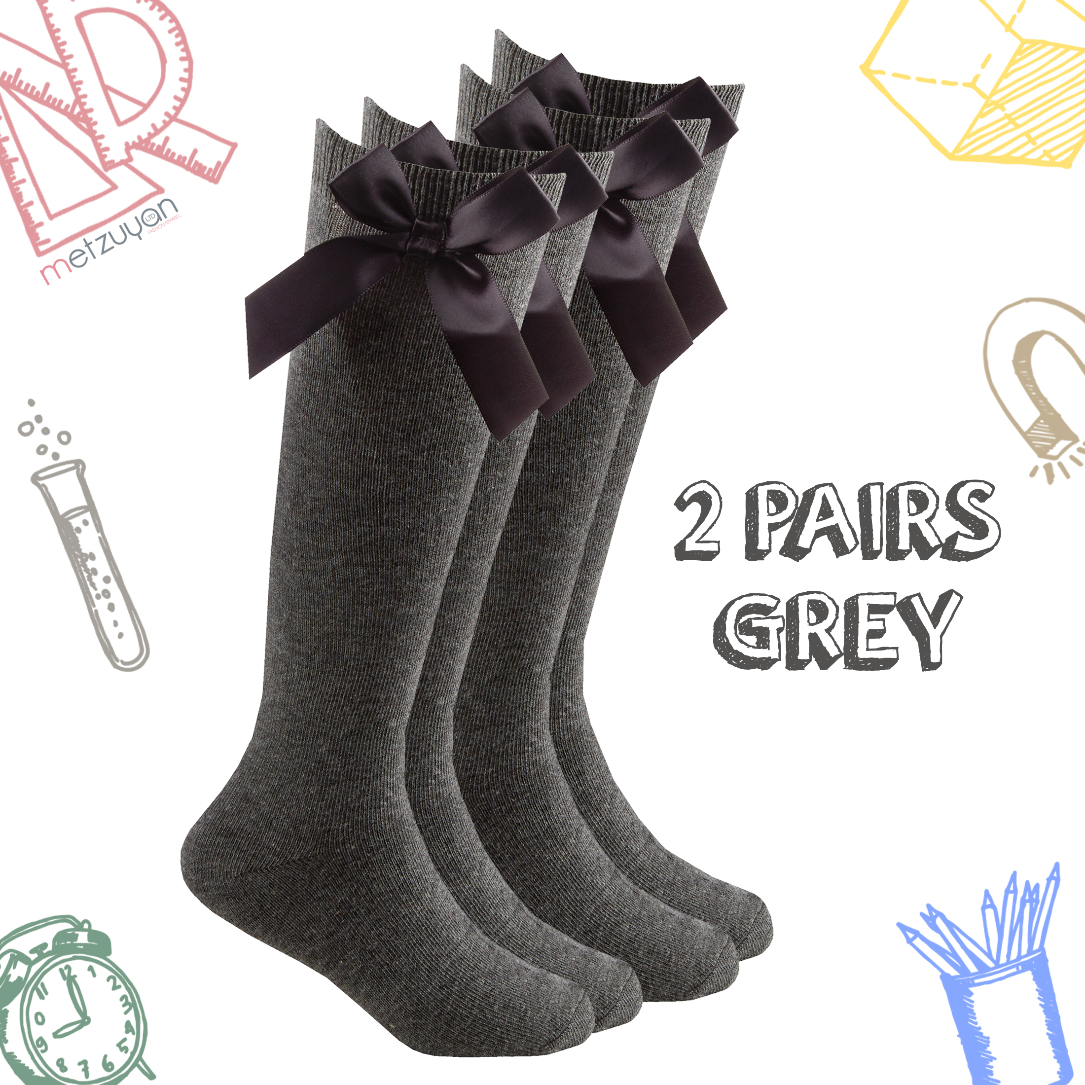 2 Pairs Kids Girls High Knee Socks Bow Back to School 6-8.5 9-12 12.5-3.5 4-5.5 - Picture 3 of 14