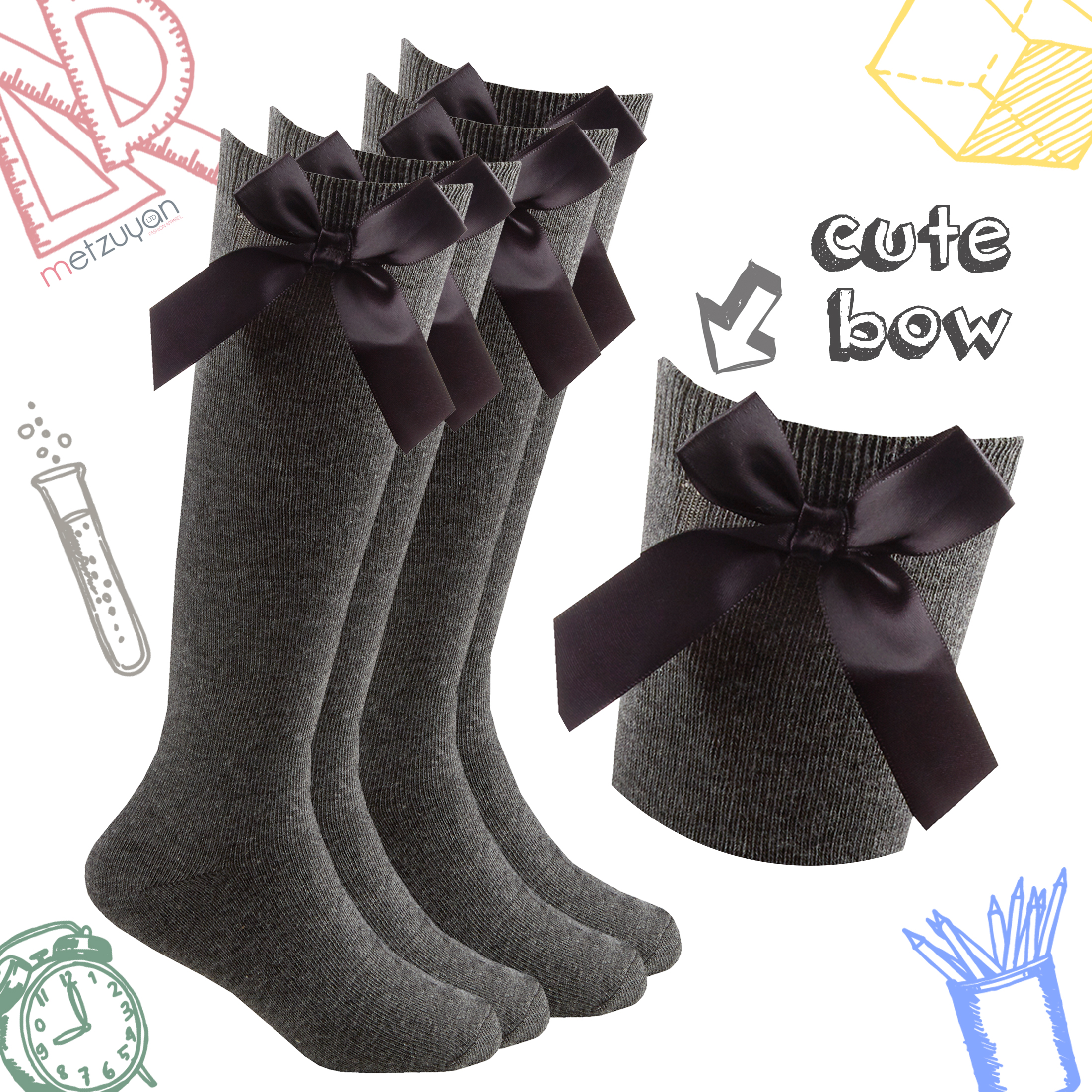 2 Pairs Kids Girls High Knee Socks Bow Back to School 6-8.5 9-12 12.5-3.5 4-5.5 - Picture 5 of 14