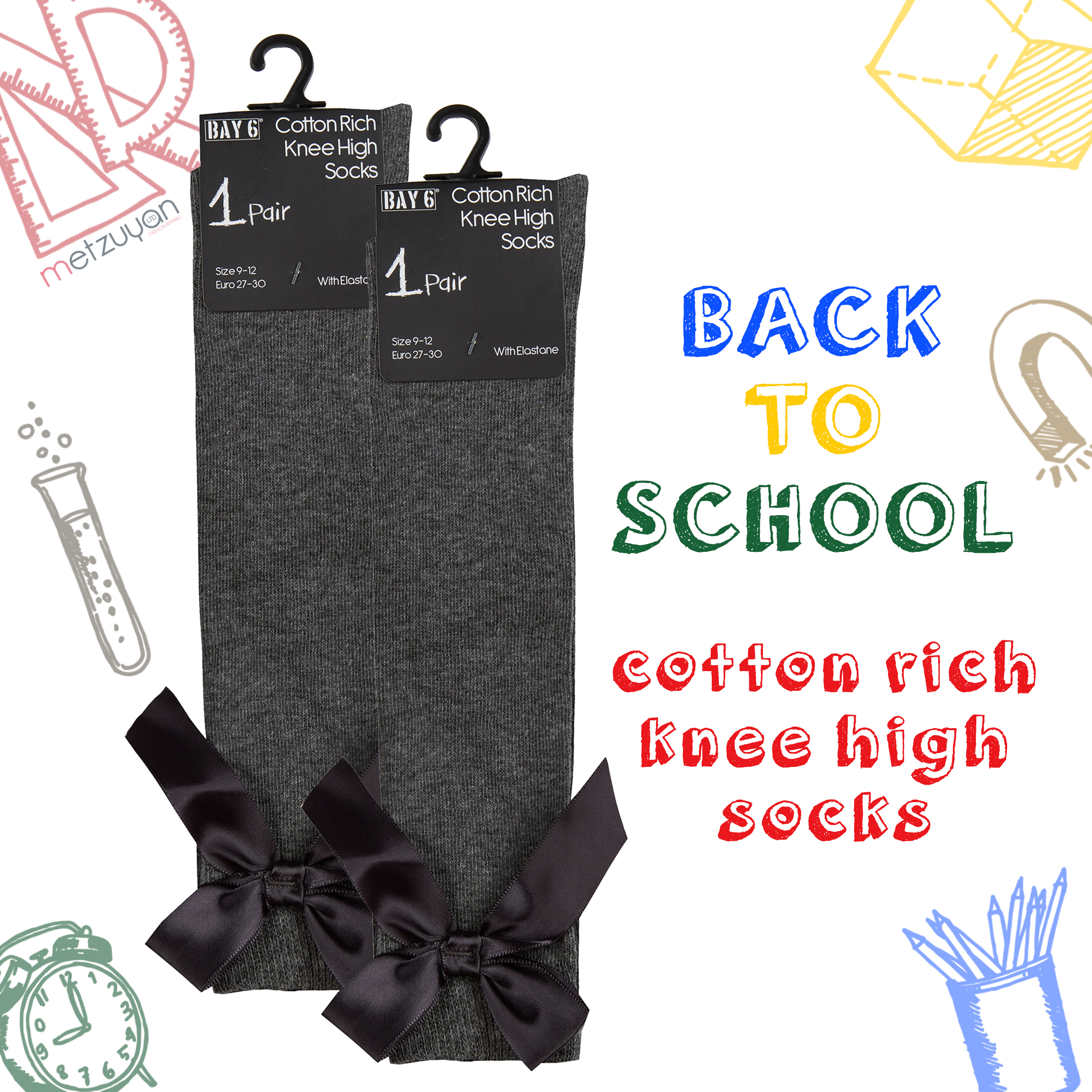 2 Pairs Kids Girls High Knee Socks Bow Back to School 6-8.5 9-12 12.5-3.5 4-5.5 - Picture 4 of 14