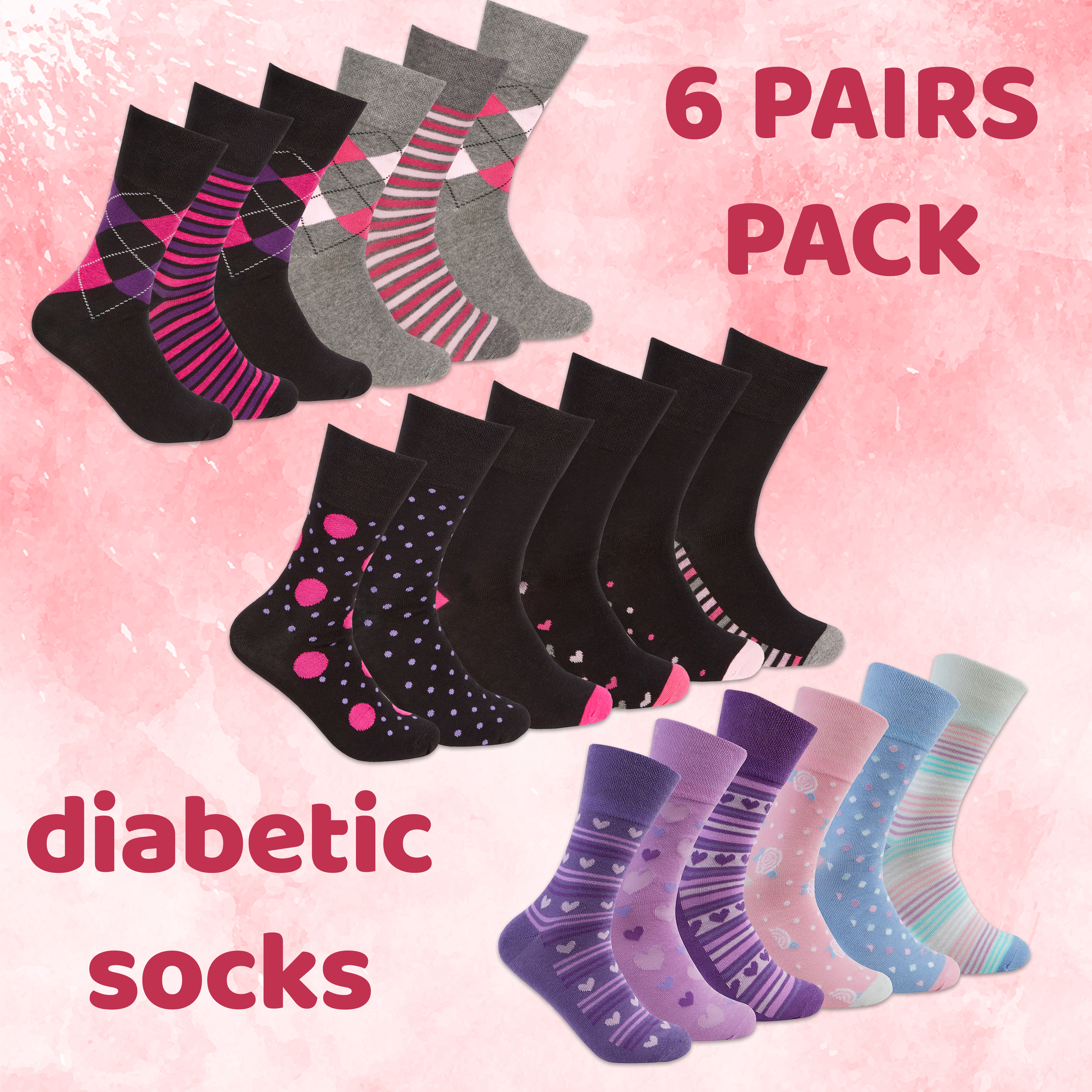 3 PAIRS NON ELASTIC DIABETIC LADIES EASY GRIP LOOSE SOFT TOP HEART DESIGN SOCKS