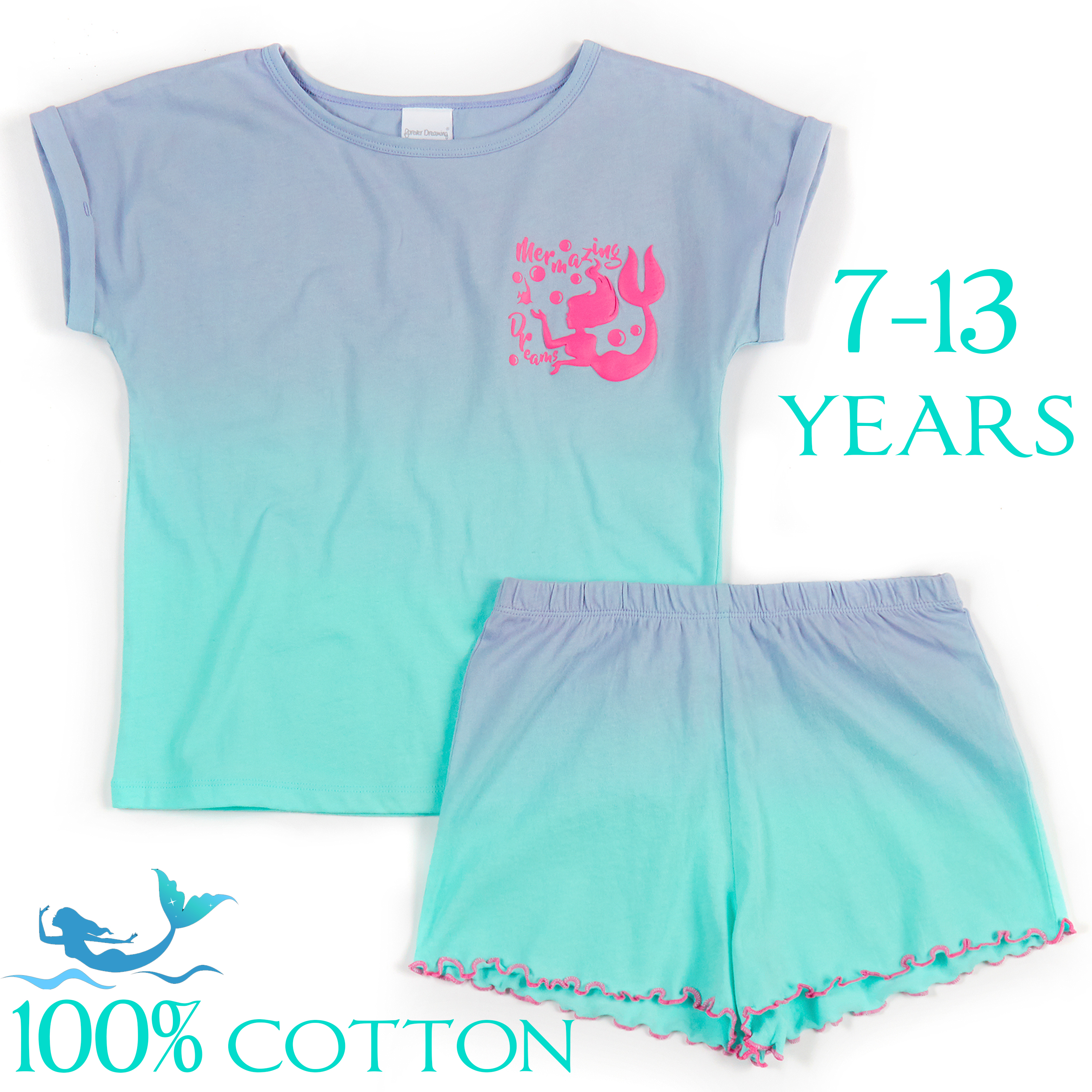 Girls Kids Short Pyjamas Short Sleeve PJs Set 100% Cotton Summer Gradient Design - Picture 8 of 13