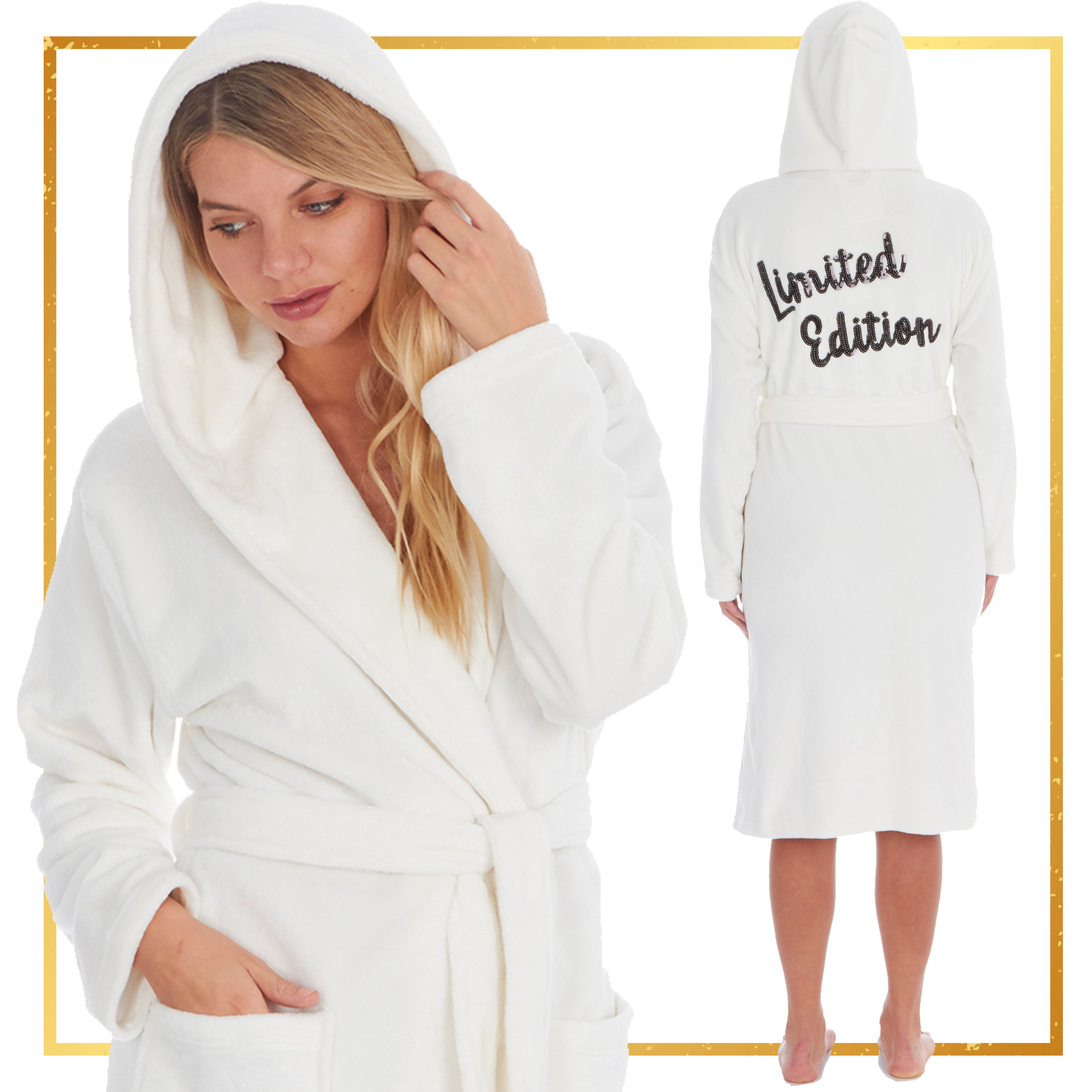 Ladies Womens Luxury Hooded Dressing Gown Robe Funny Sequin Slogan