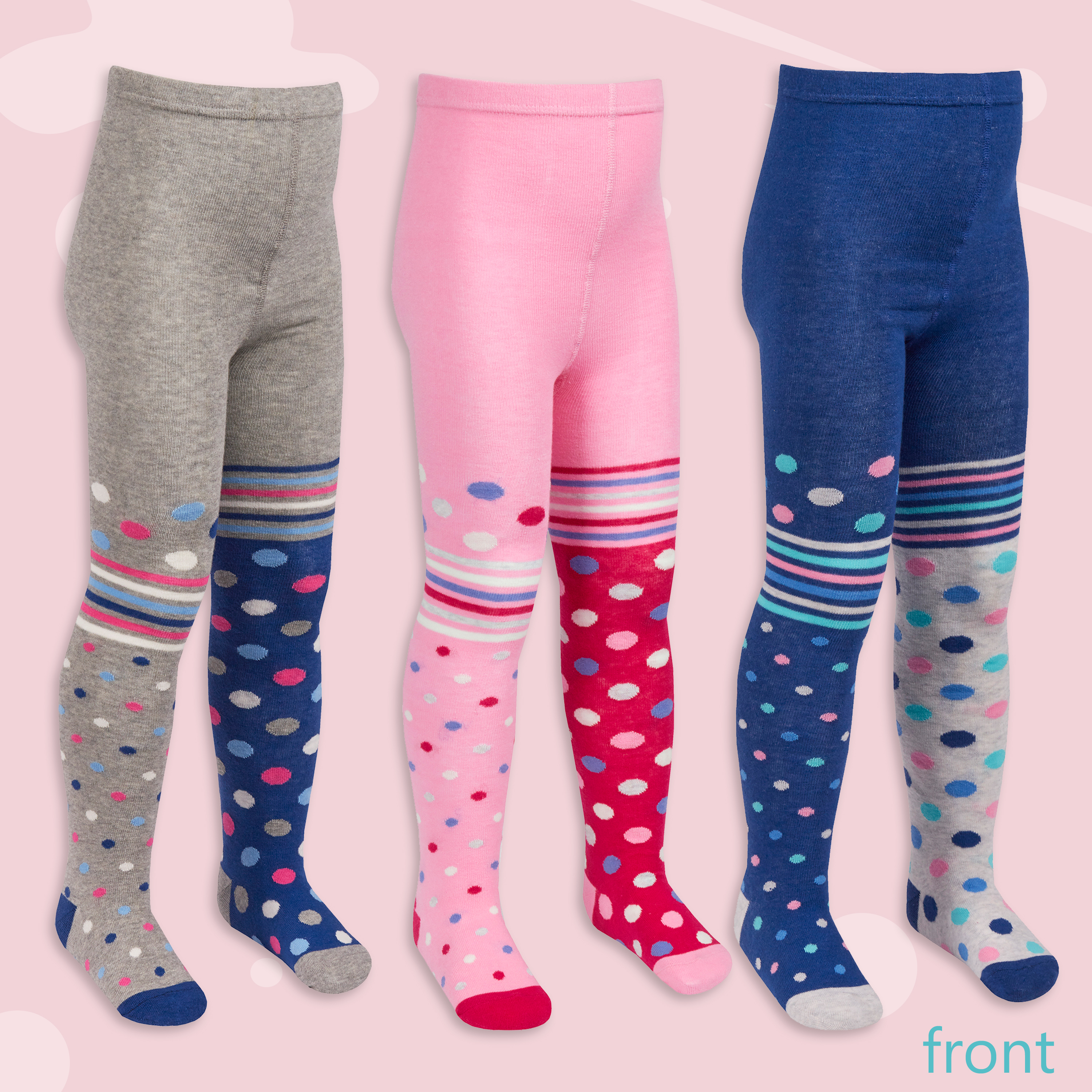 3 Pairs Girls Tights Novelty Spotty Multi Colours Patterned Cotton Rich  Knitted