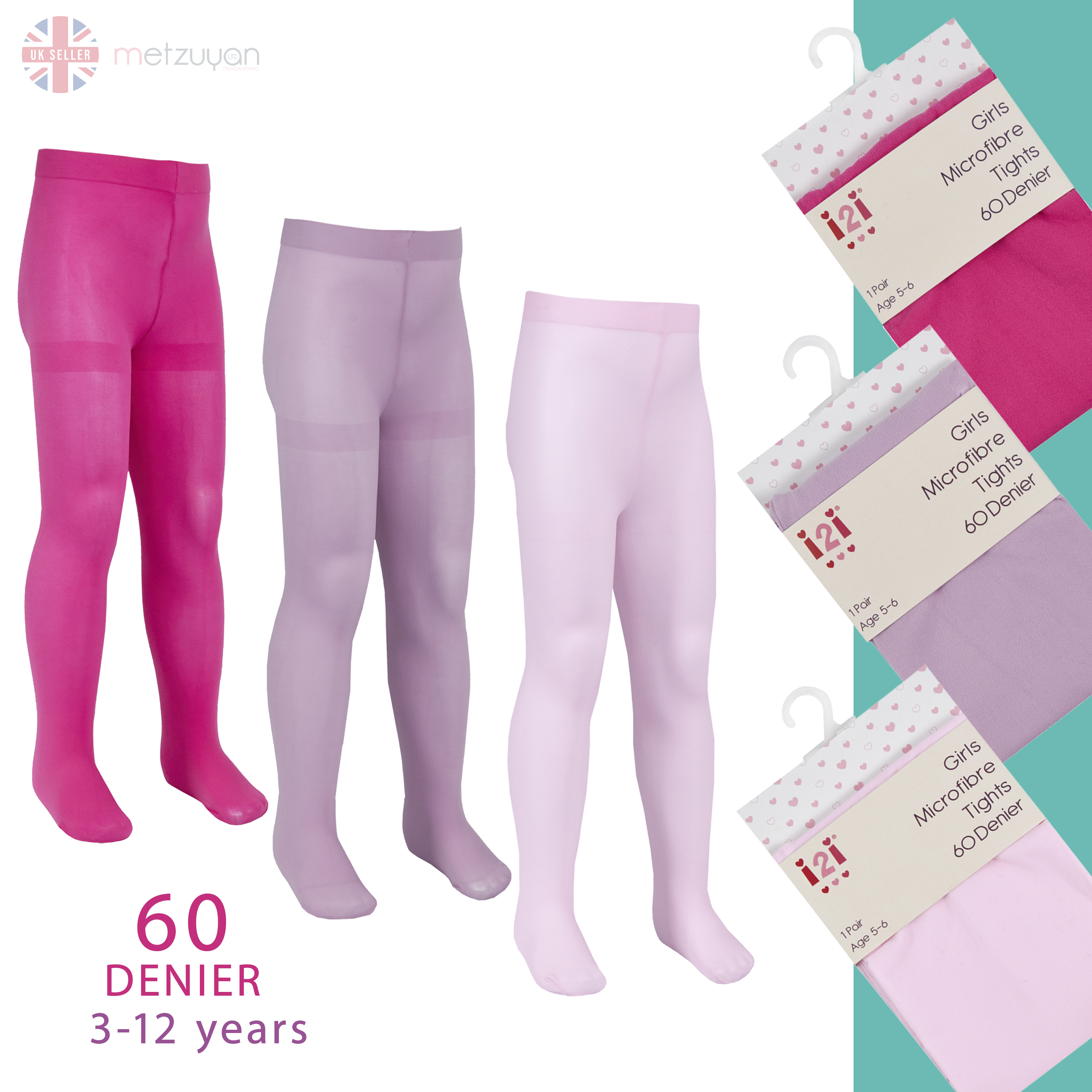 Metzuyan Kids Girls 3 or 6 Pairs 60 Denier Opaque Back To School Soft Microfibre Tights 3-12 Years