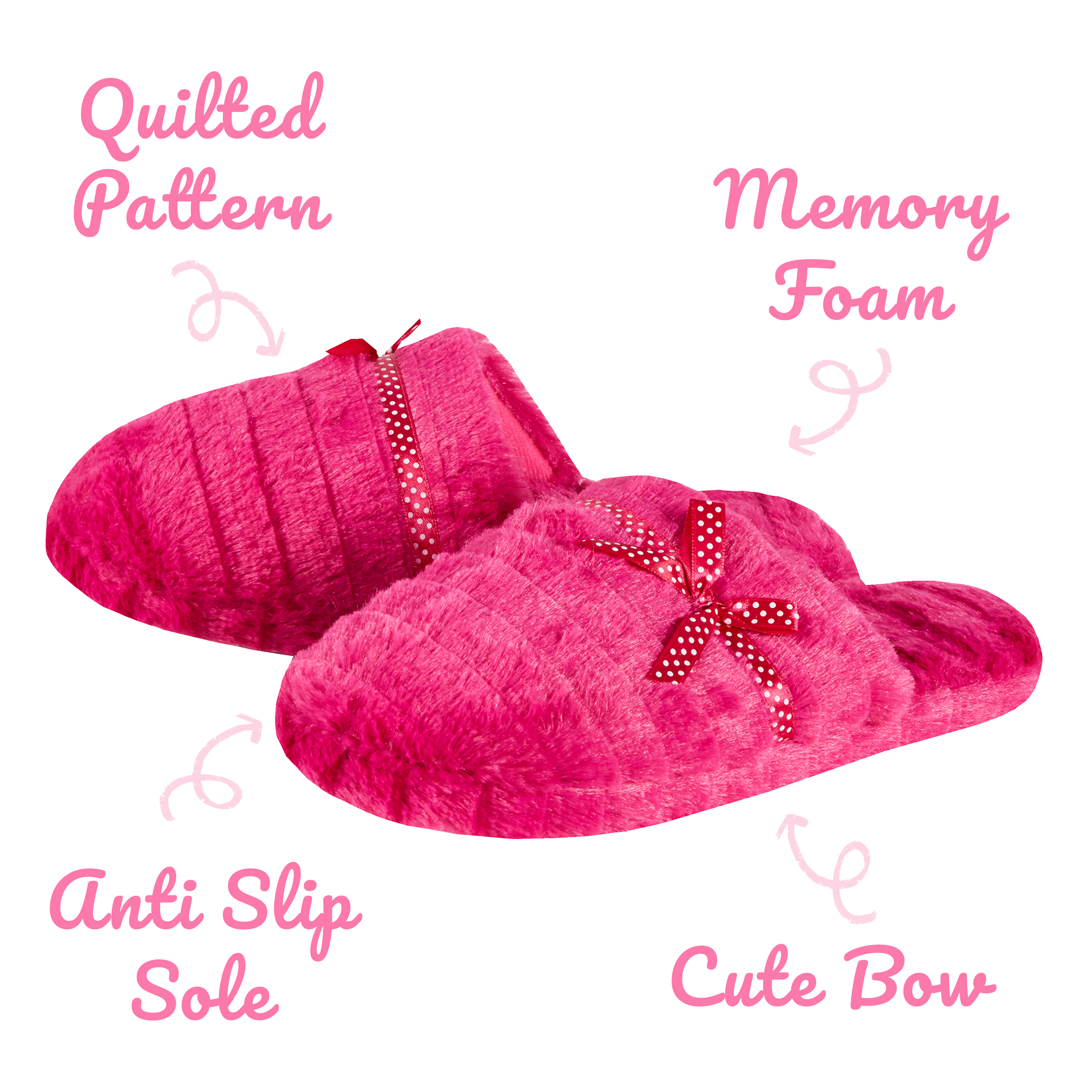 Ladies Womens Memory Foam Slippers House Shoes Anti Slip Sole with Bow Pink Soft