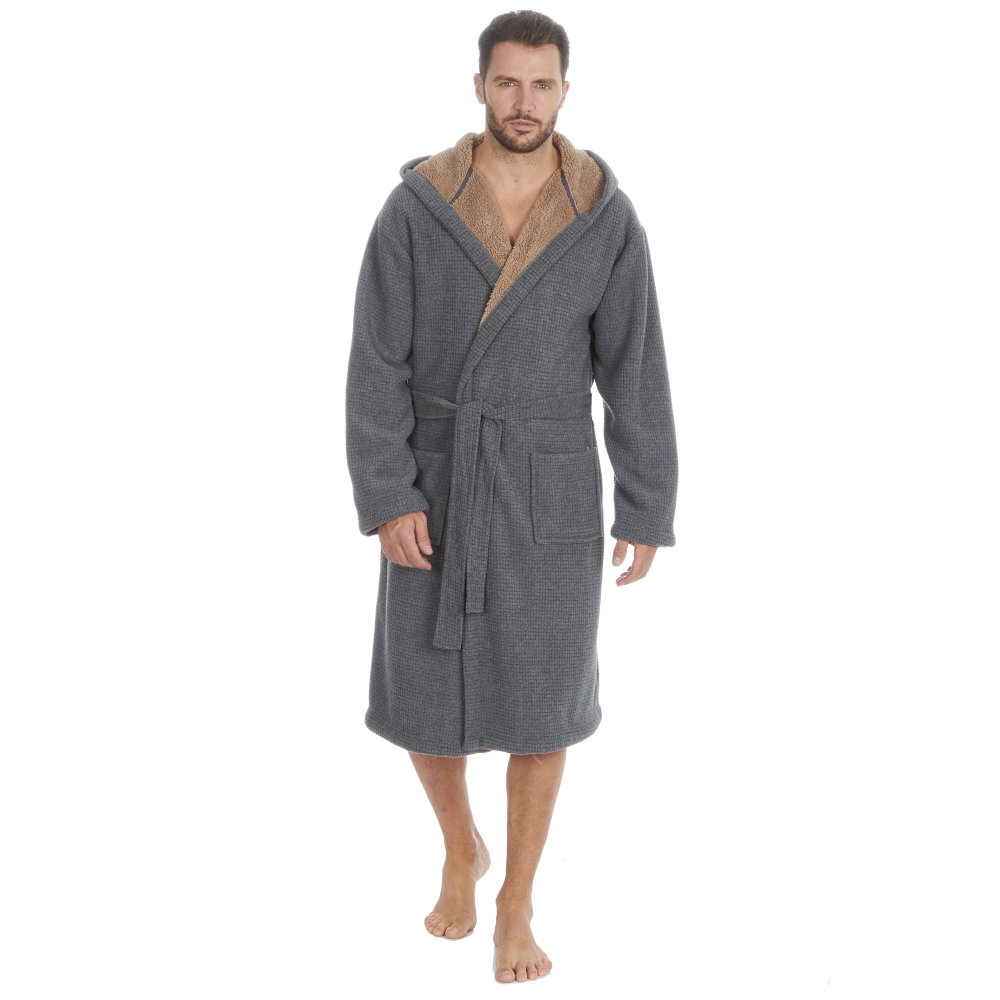 Mens Winter Robe M L XL XXL Full Sherpa Fleece Lined Hooded Dressing Gown Grey eBay