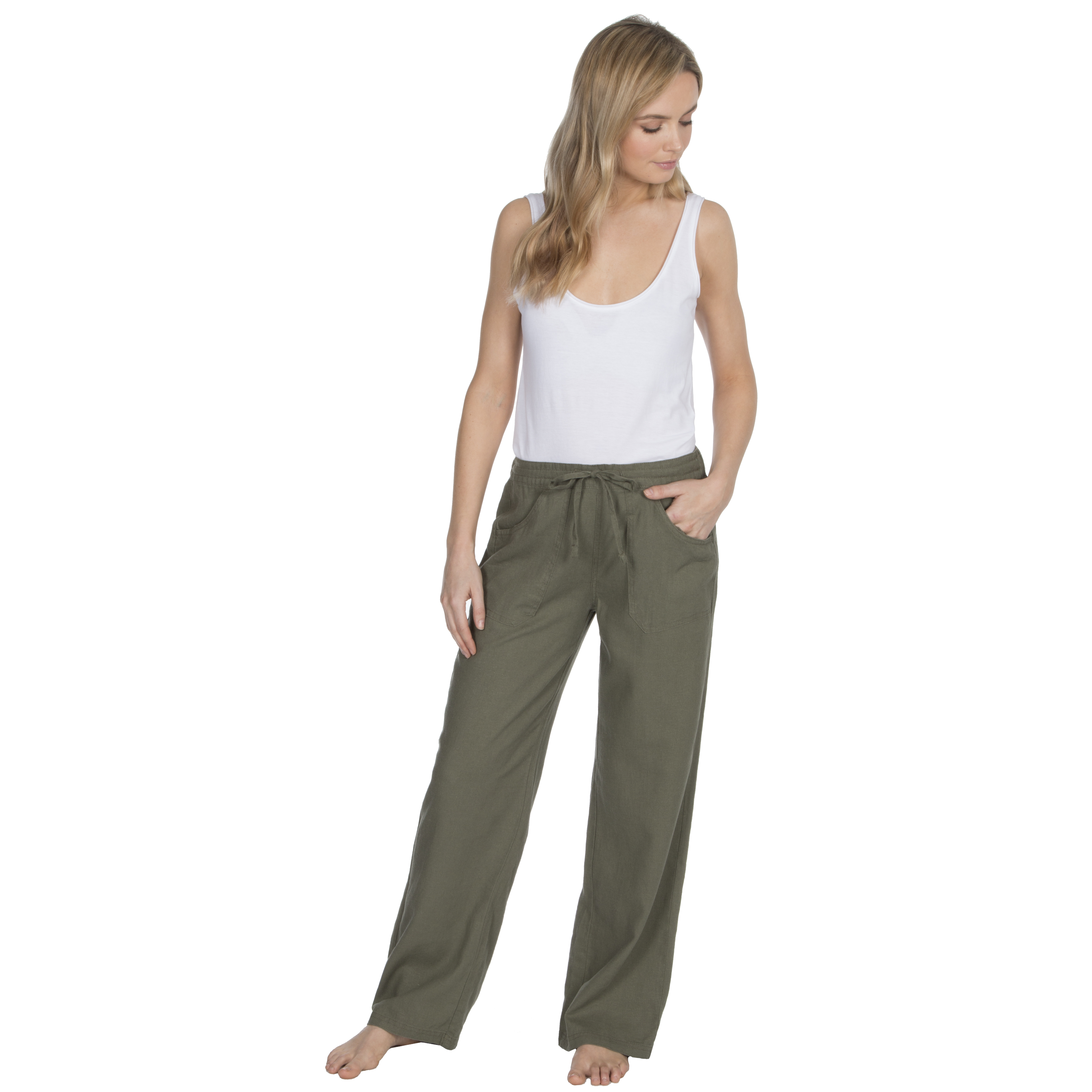 Metzuyan Womens Linen Trousers Wide Fit Summer Pants Drawstring Pockets ...