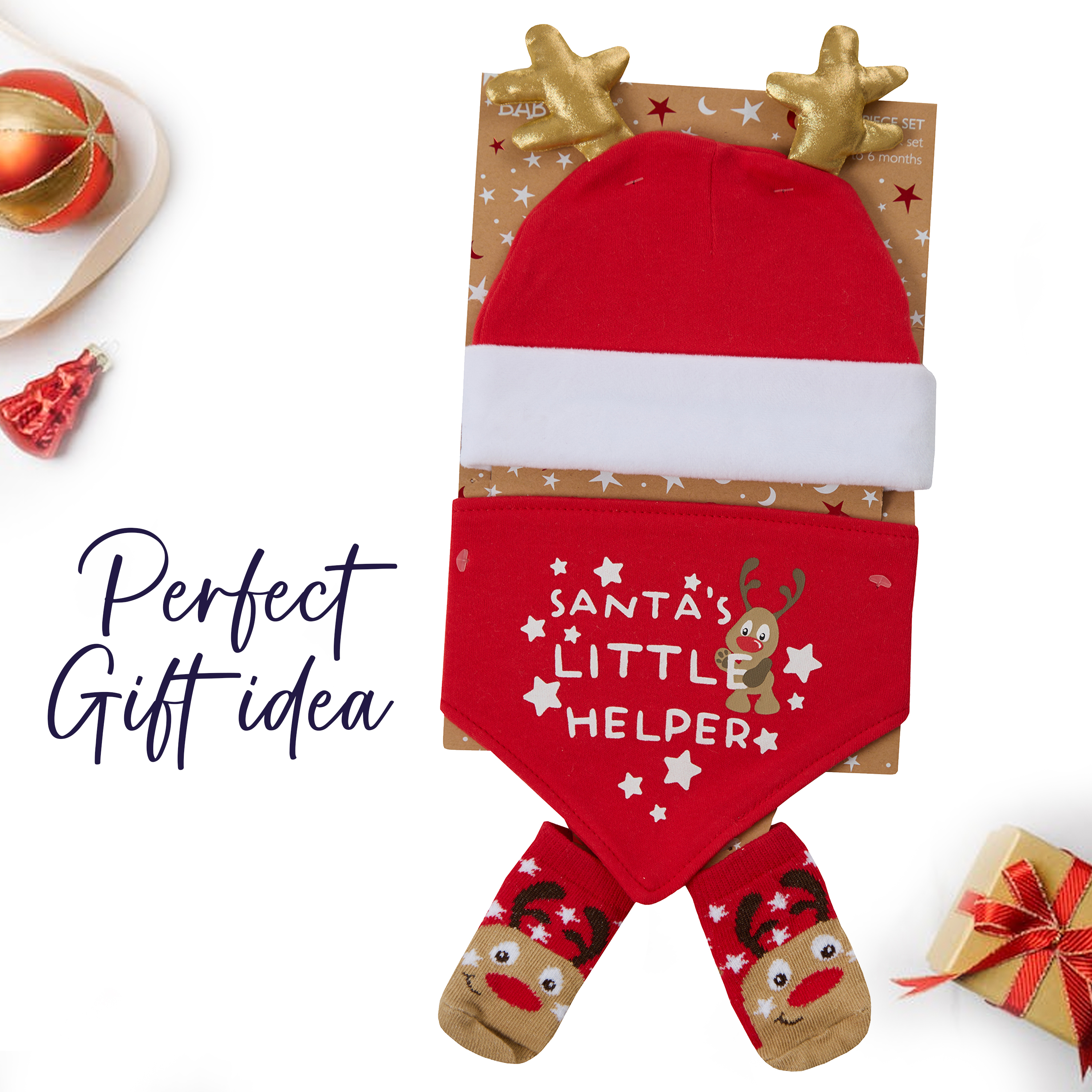 Newborn Baby Christmas Gift Matching Set Hat Bib Socks Reindeer Xmas Gift Set UK