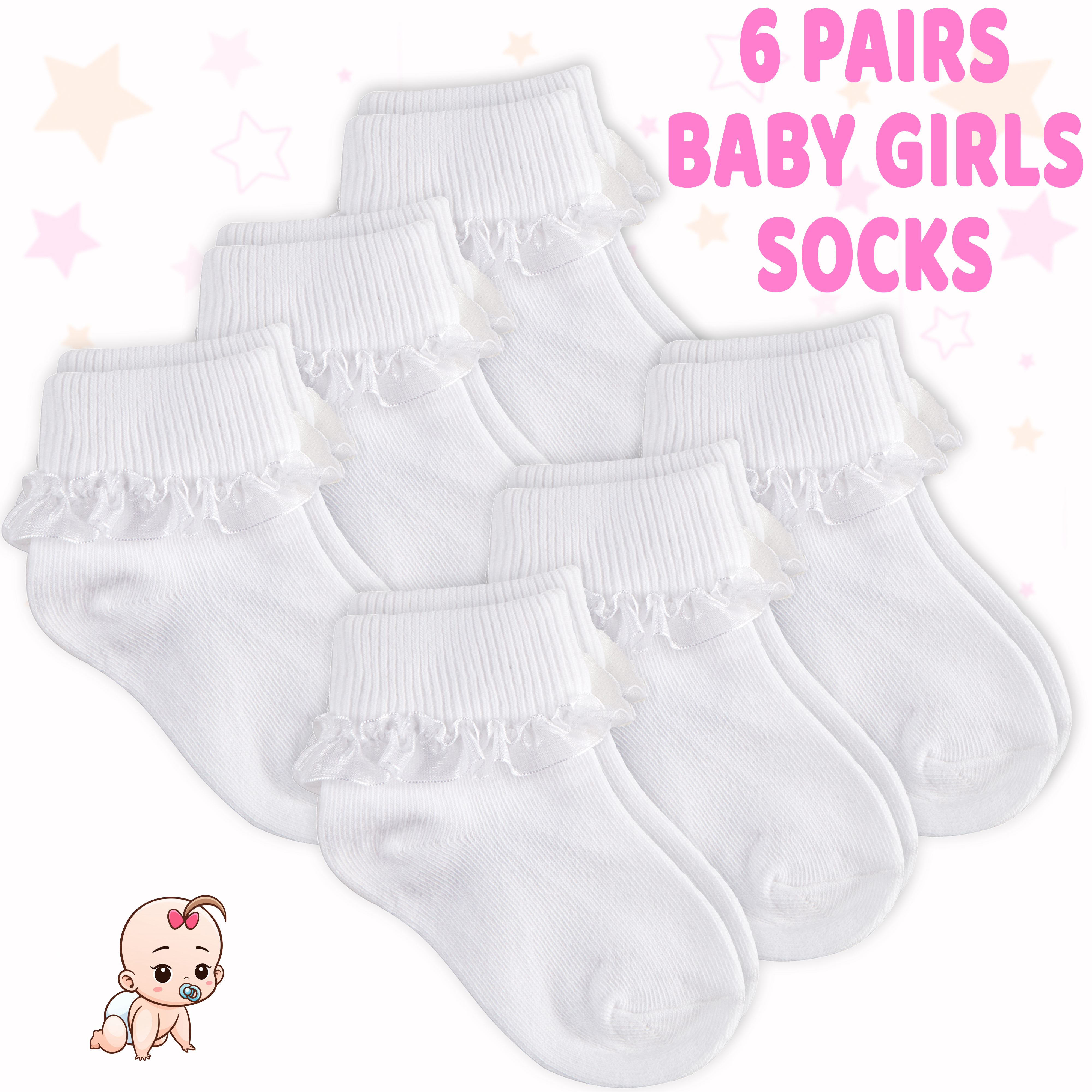5 pairs of Baby Girls Socks Roll Top Socks Age 6-12 months 