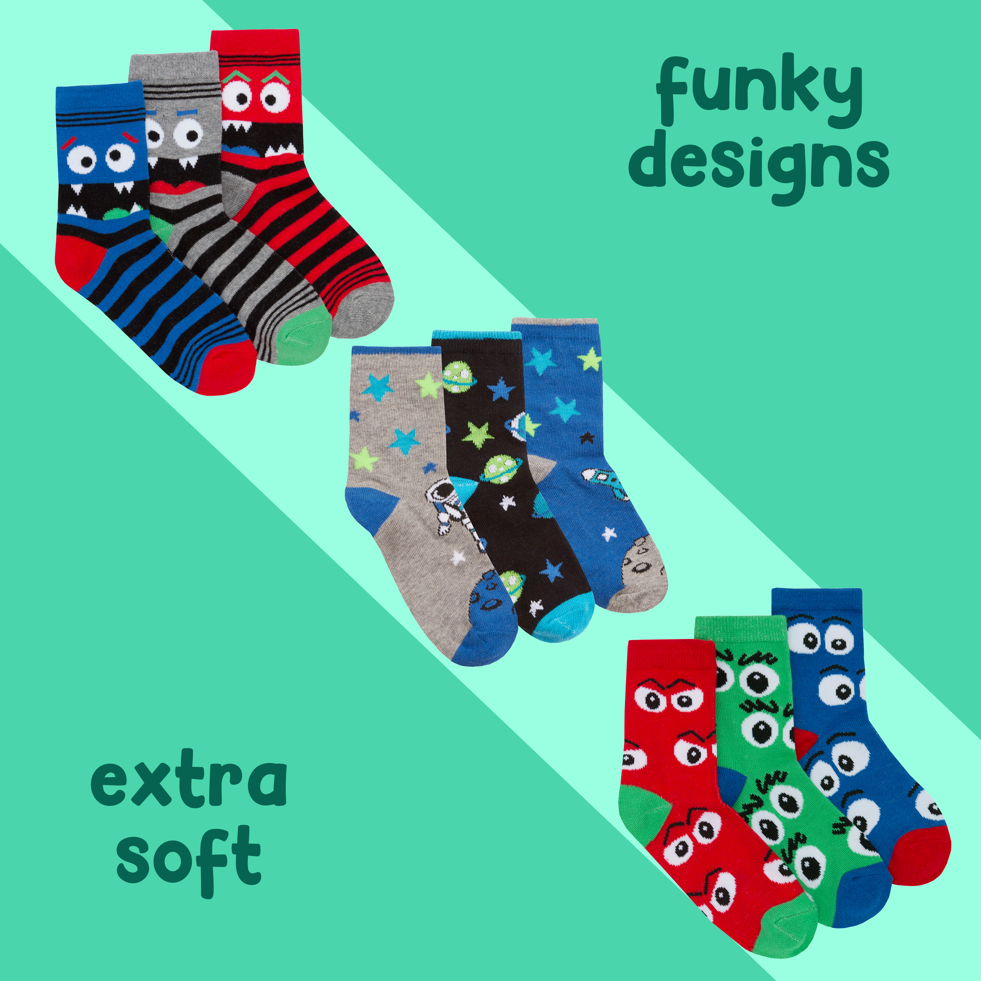 Metzuyan Boys Cotton Rich Socks - 6 Pairs Mid Calf Novelty Cartoon Print Socks (Sizes 6-8.5 To 12.5-3.5)