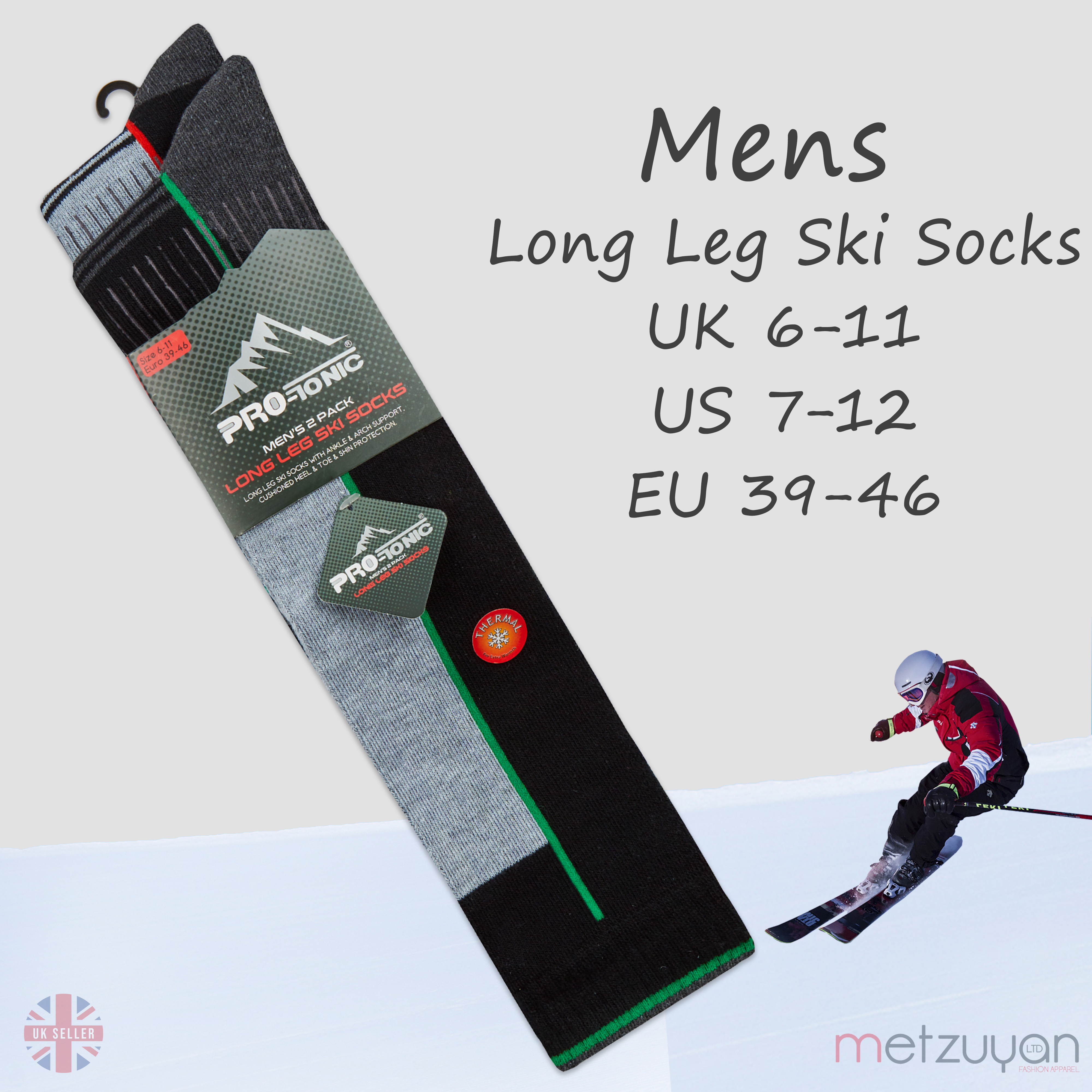 6-11 Men Soft Thermal Padded Long Winter Hiking Walking Snowboarding Ski Socks 
