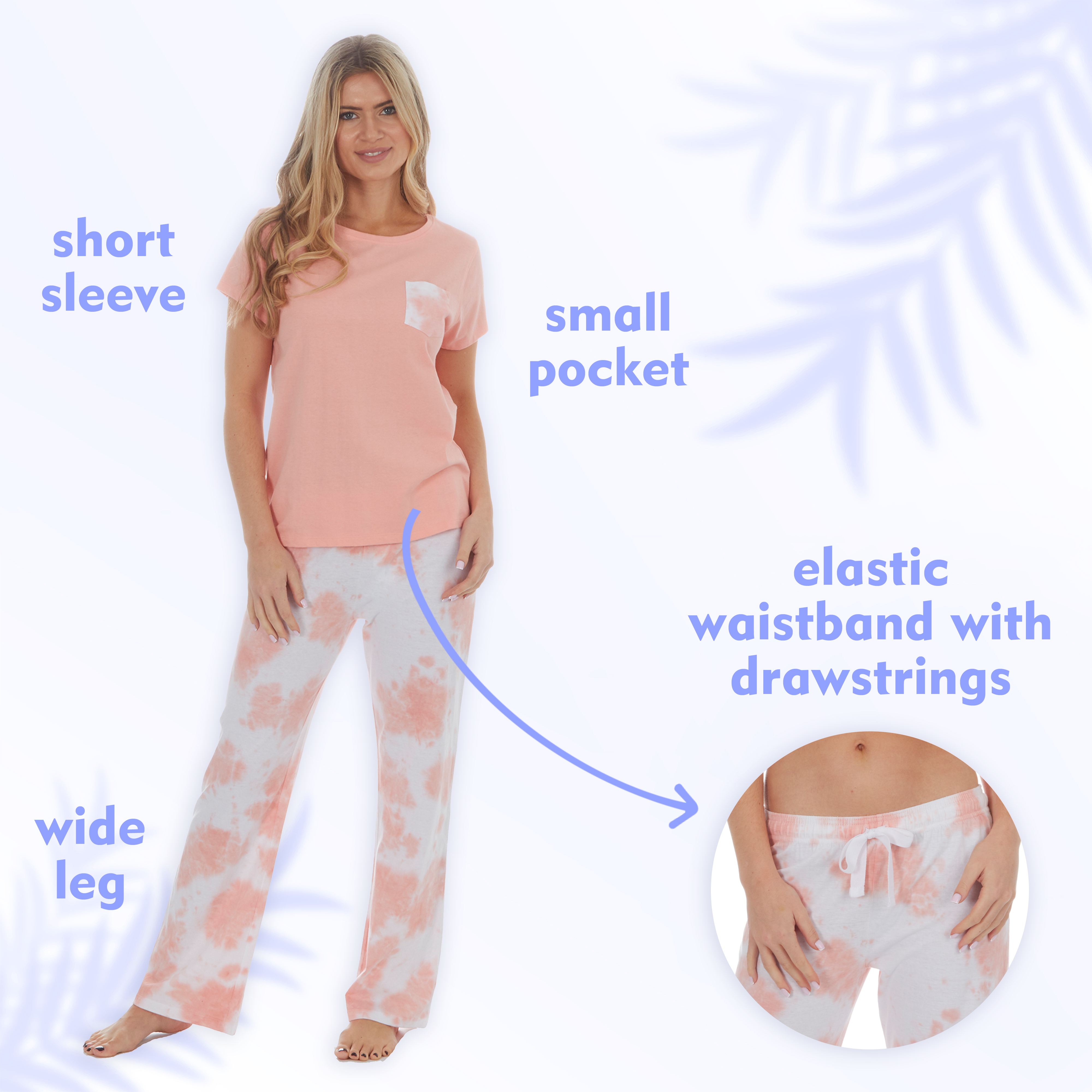Ladies 2-Piece Pyjama Set Tie Dye T-shirt Wide Long Pants Cotton PJs S M L XL UK - Picture 7 of 8