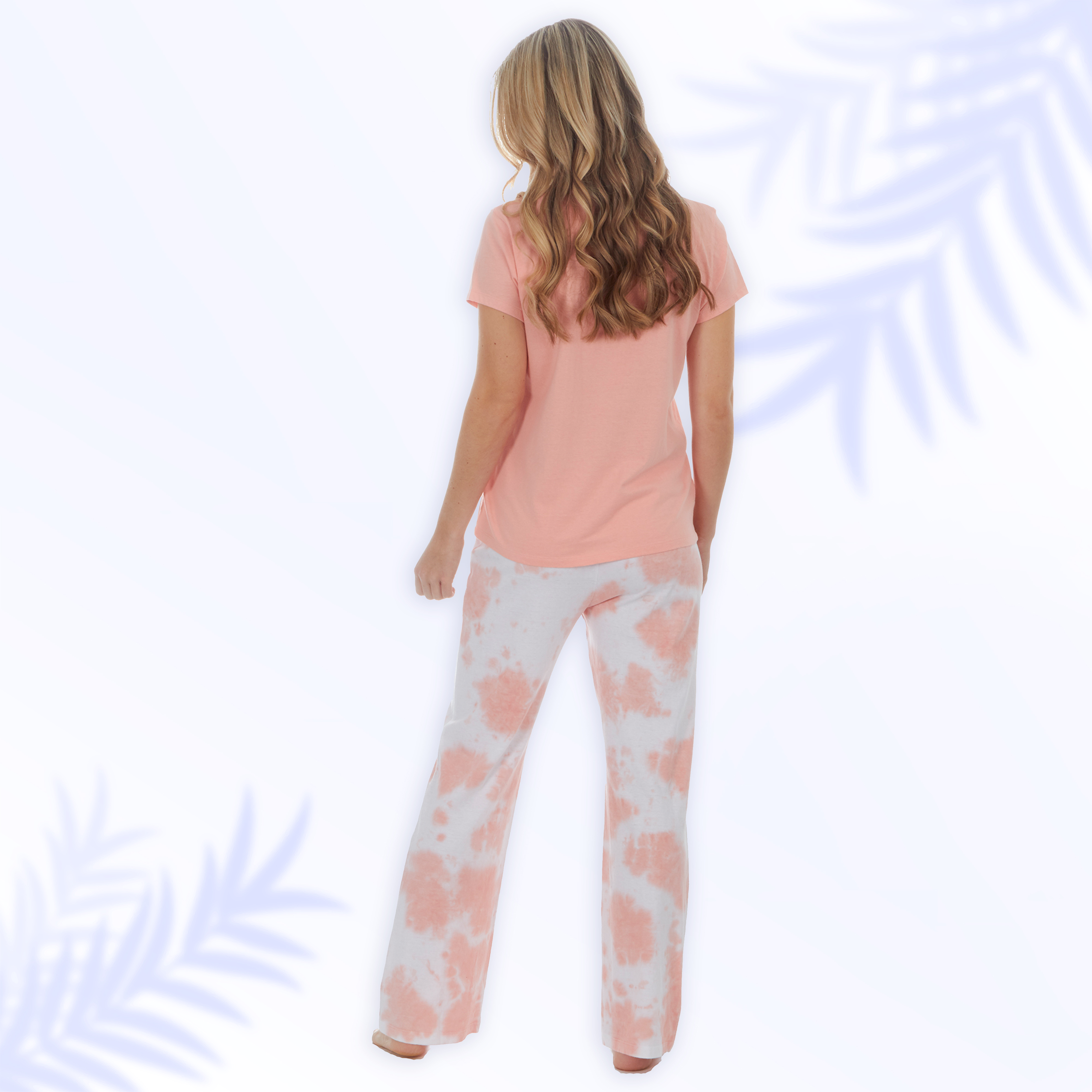Ladies 2-Piece Pyjama Set Tie Dye T-shirt Wide Long Pants Cotton PJs S M L XL UK - Picture 8 of 8
